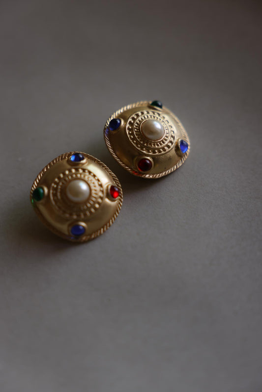 Matte Gold Multicolor Cabochon Clip-On Earrings