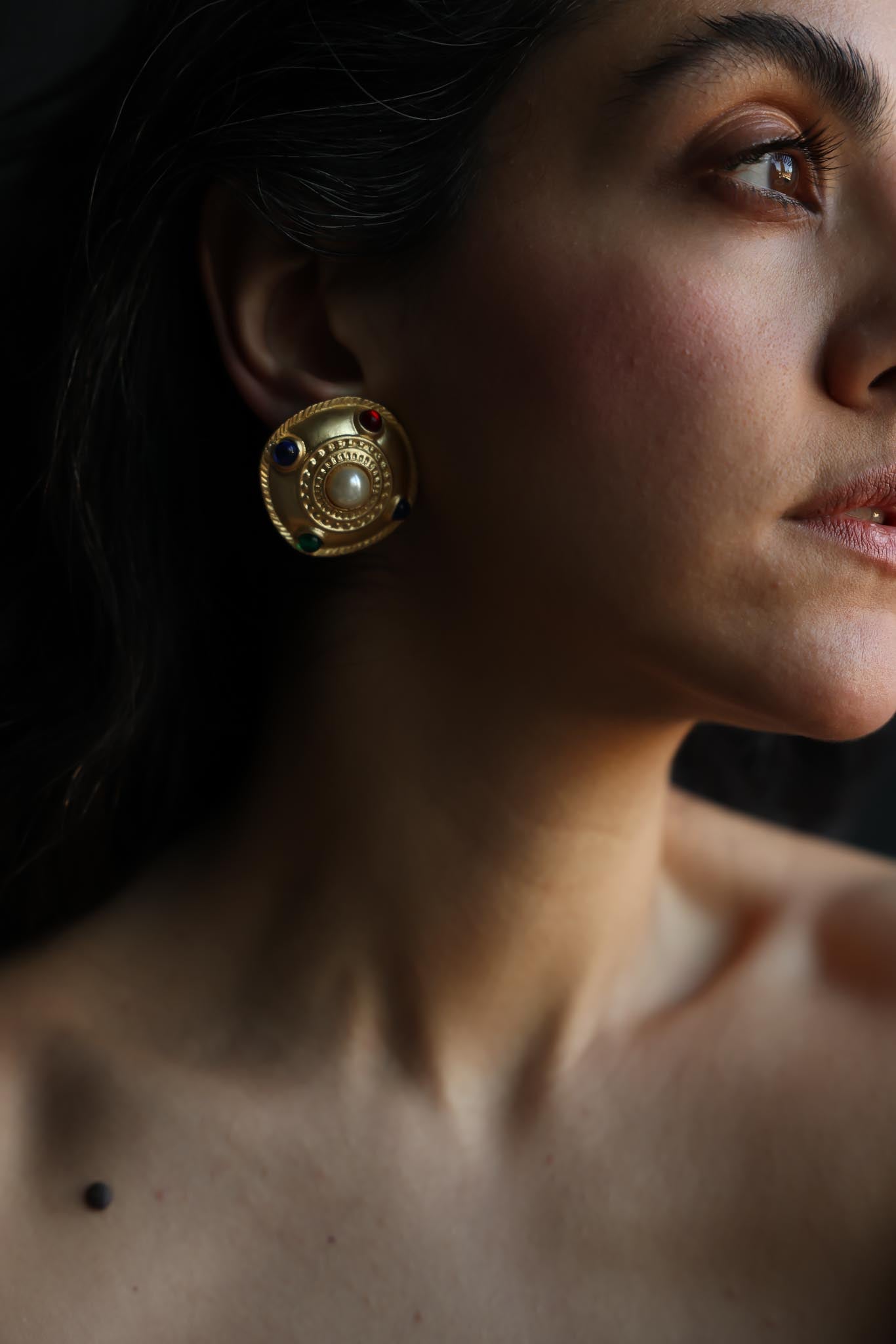 Matte Gold Multicolor Cabochon Clip-On Earrings