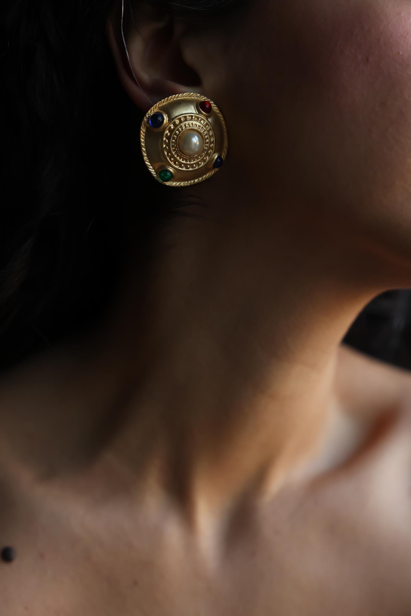 Matte Gold Multicolor Cabochon Clip-On Earrings