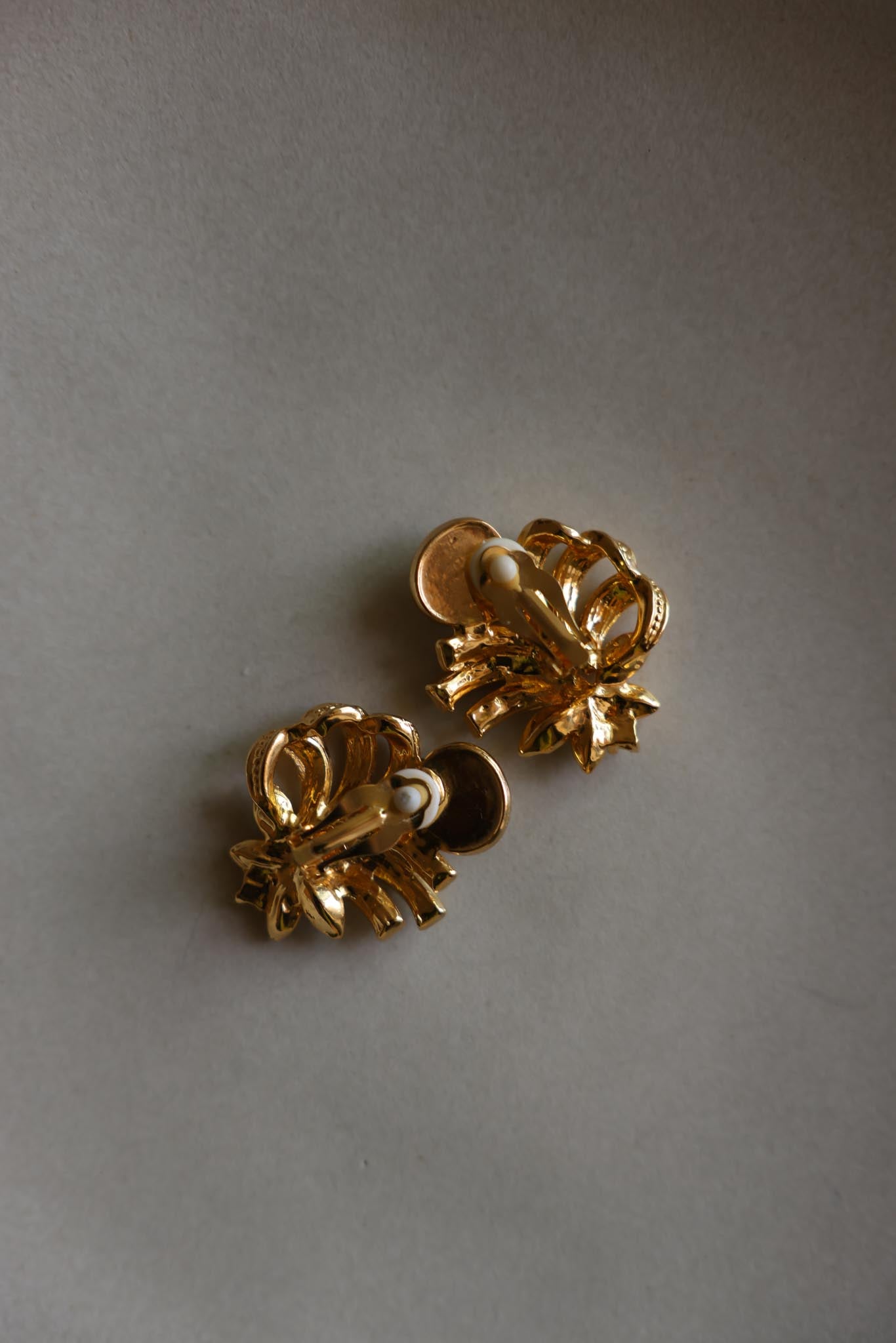 Gold Tone Black Enamel and Pearly Cabochon Clip-On Earrings