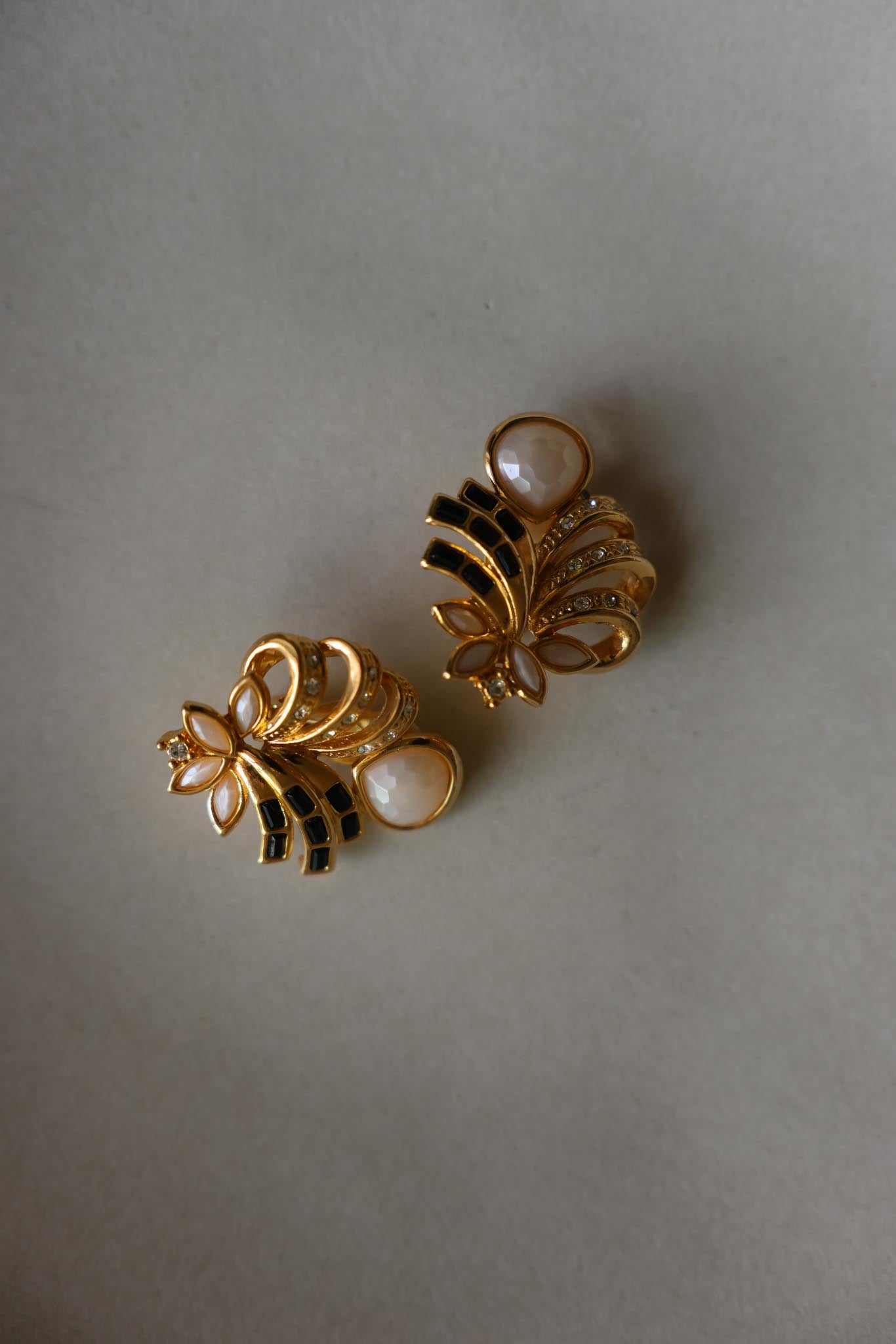 Gold Tone Black Enamel and Pearly Cabochon Clip-On Earrings