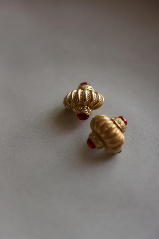 Matte Gold Red Cabochon Clip-On Earrings