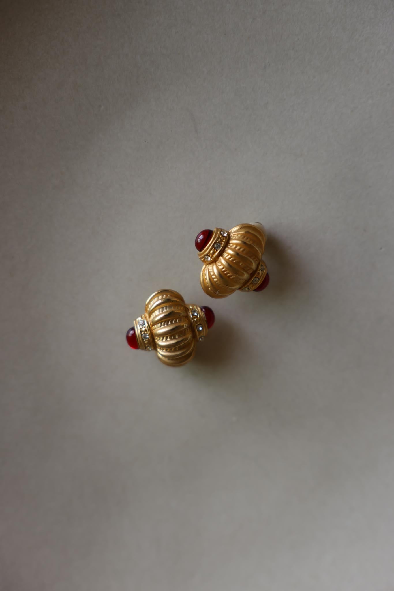 Matte Gold Red Cabochon Clip-On Earrings