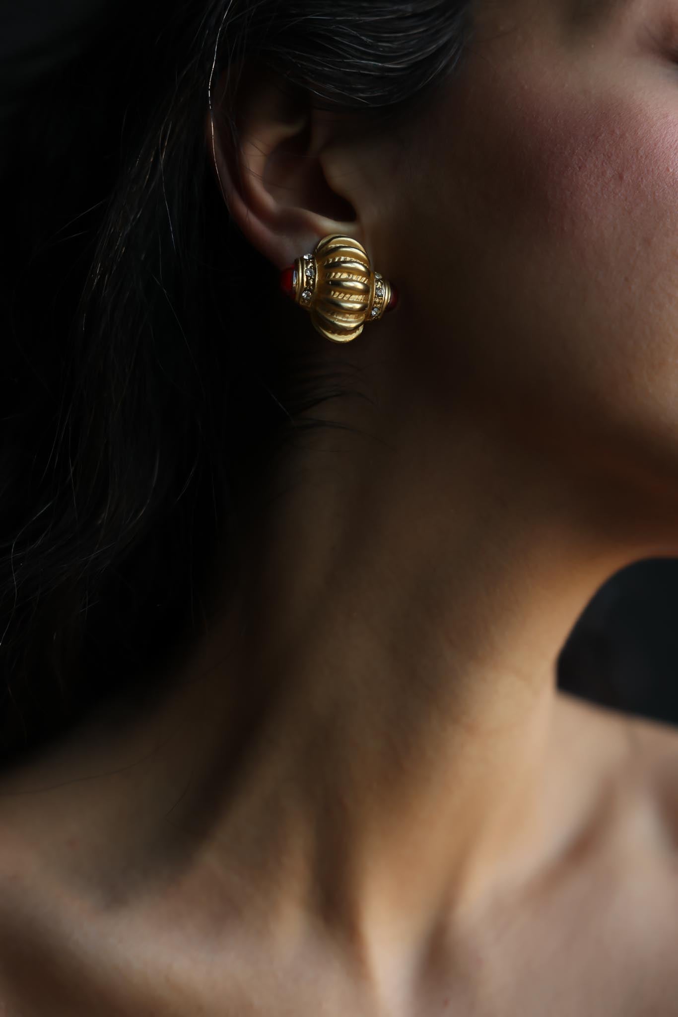 Matte Gold Red Cabochon Clip-On Earrings