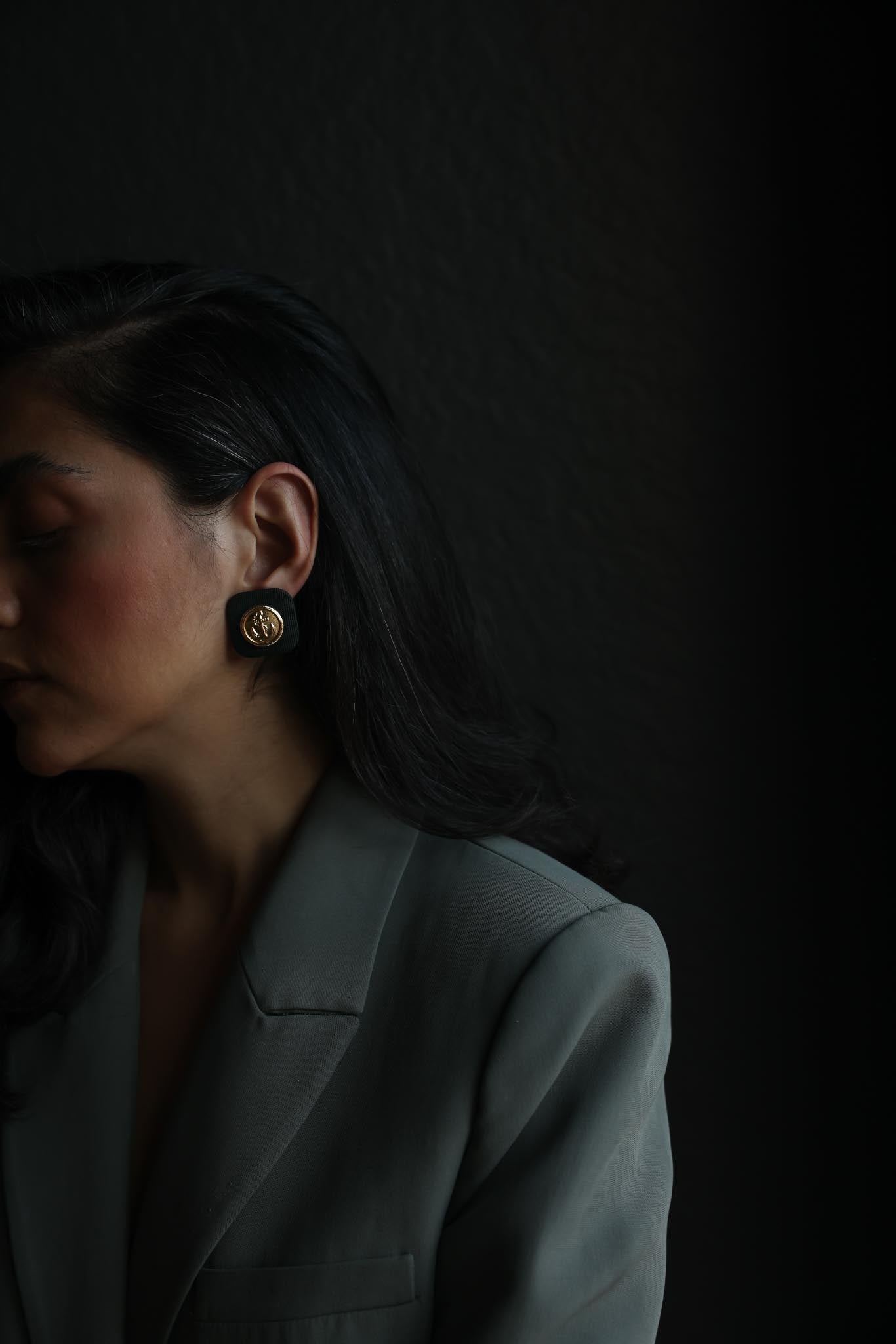 Black Fabric Anchor Clip-On Earrings