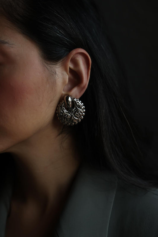 Silver Scroll Medallion Clip-On Earrings