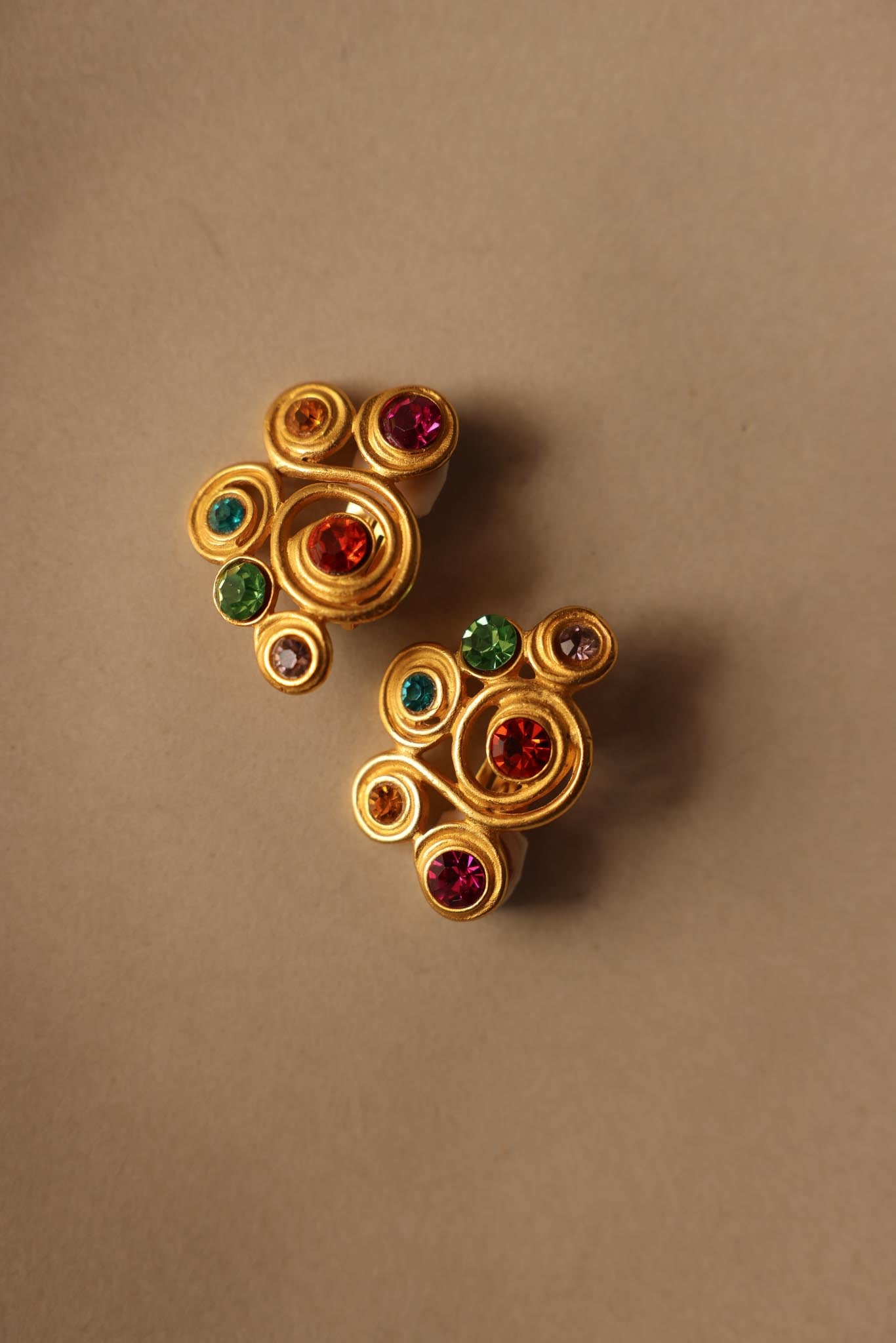 Matte Gold Multicolor Rhinestone Clip-On Earrings