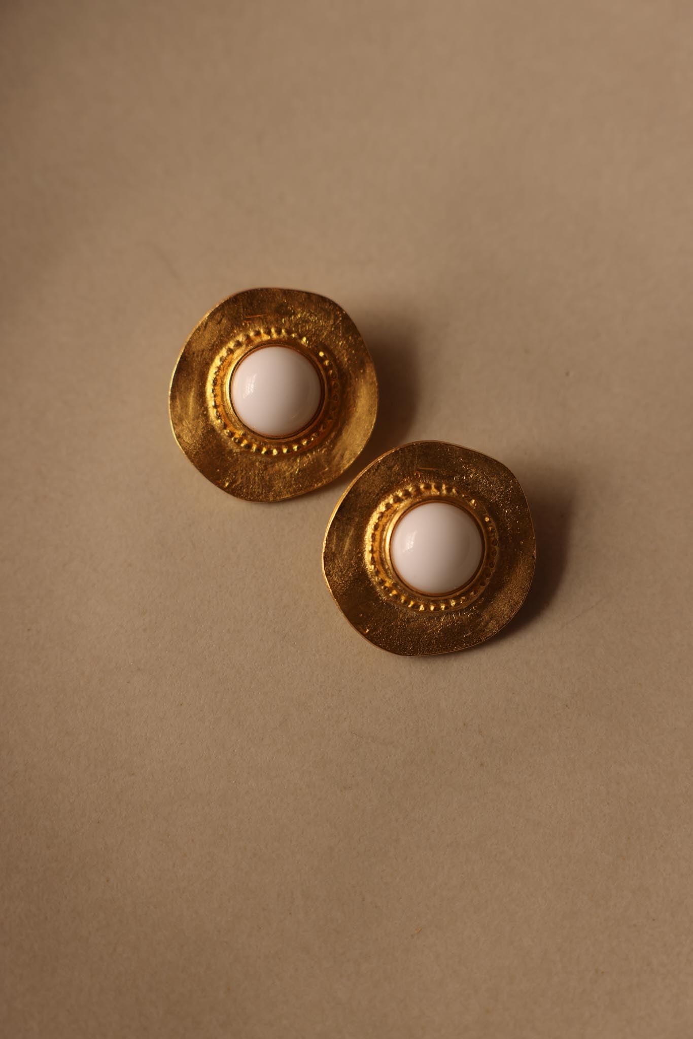 Oversized Round Gold-Tone Clip-On Earrings with White Cabochon Center
