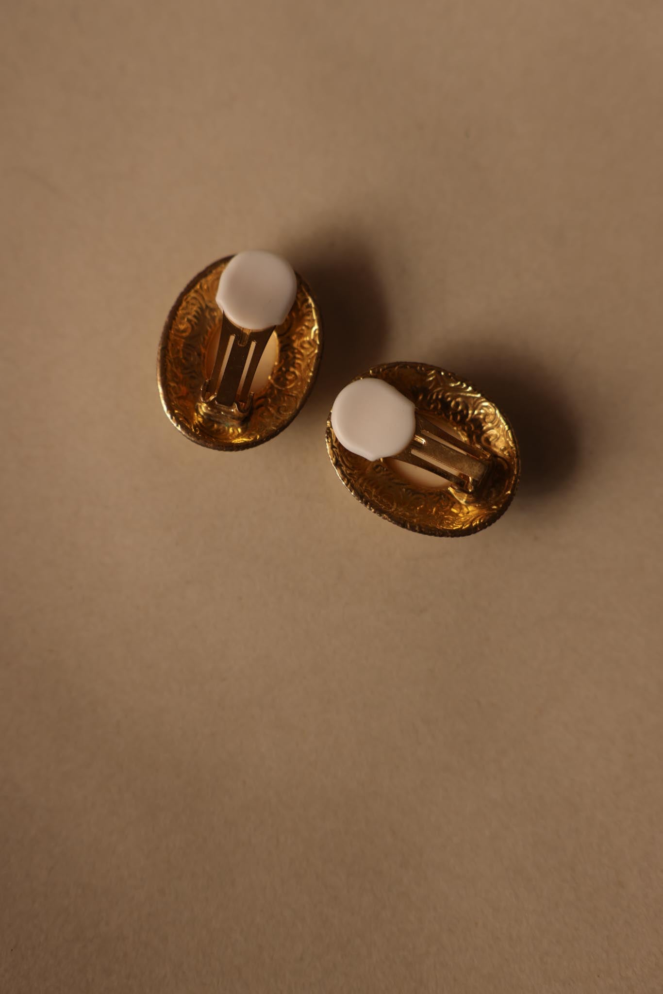 Oval Gold-Plated Clip-On Earrings with Off-White Center