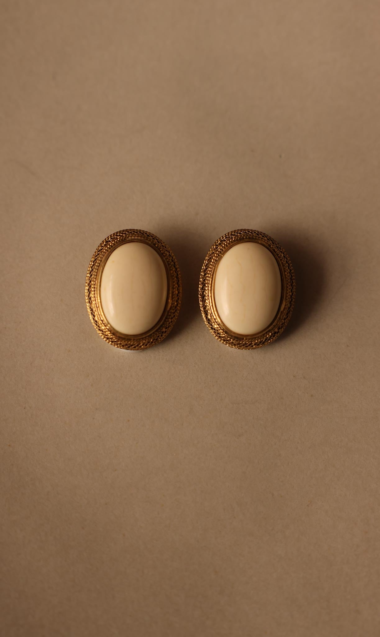 Oval Gold-Plated Clip-On Earrings with Off-White Center