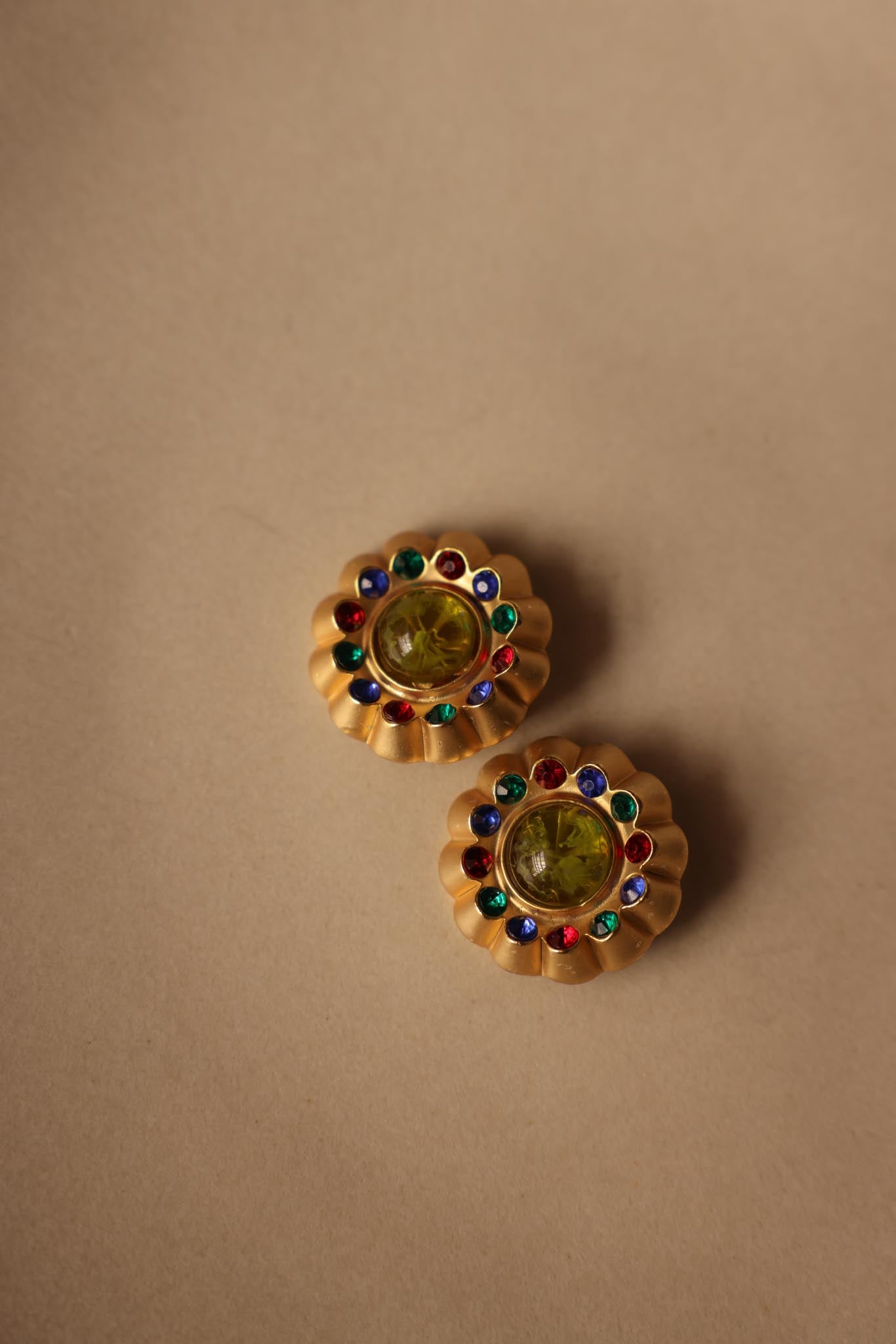 Matte Gold Multicolor Rhinestone Floral Clip-On Earrings