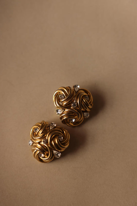 Oversized Knot Gold-Tone Clip-On Earrings with Clear Rhinestones