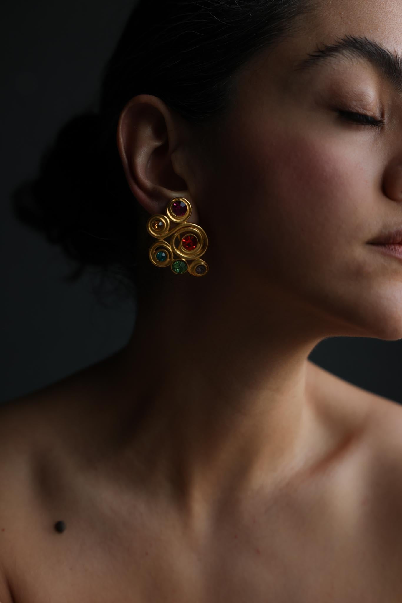 Matte Gold Multicolor Rhinestone Clip-On Earrings