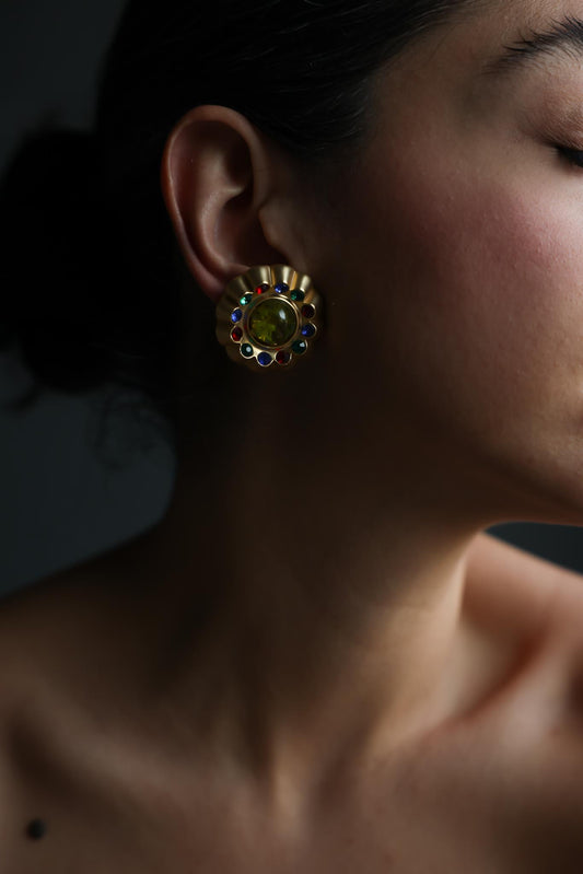 Matte Gold Multicolor Rhinestone Floral Clip-On Earrings