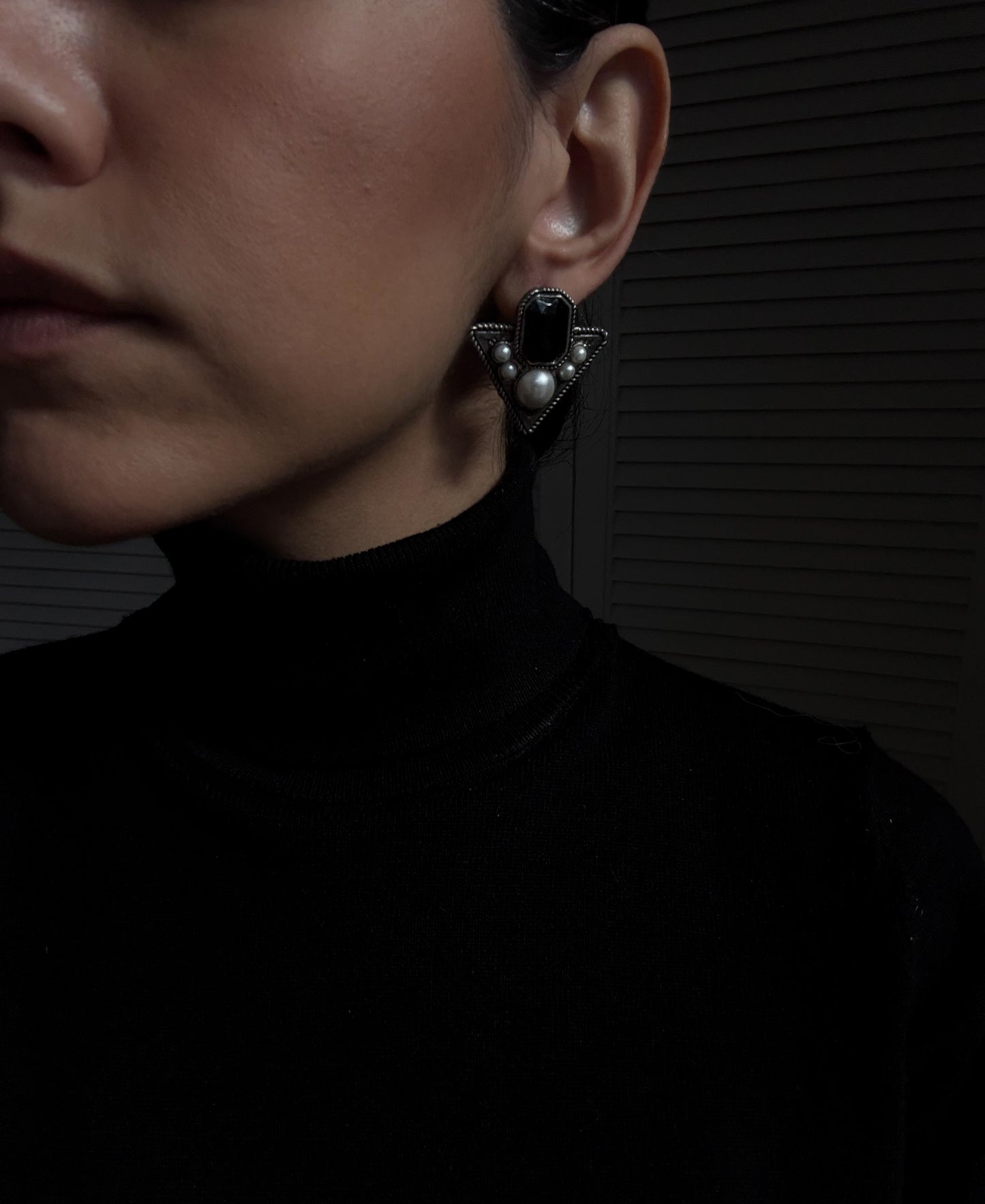 Silver-Tone Black accent and Faux Pearl Triangle Earrings|Vintage Baazaar 