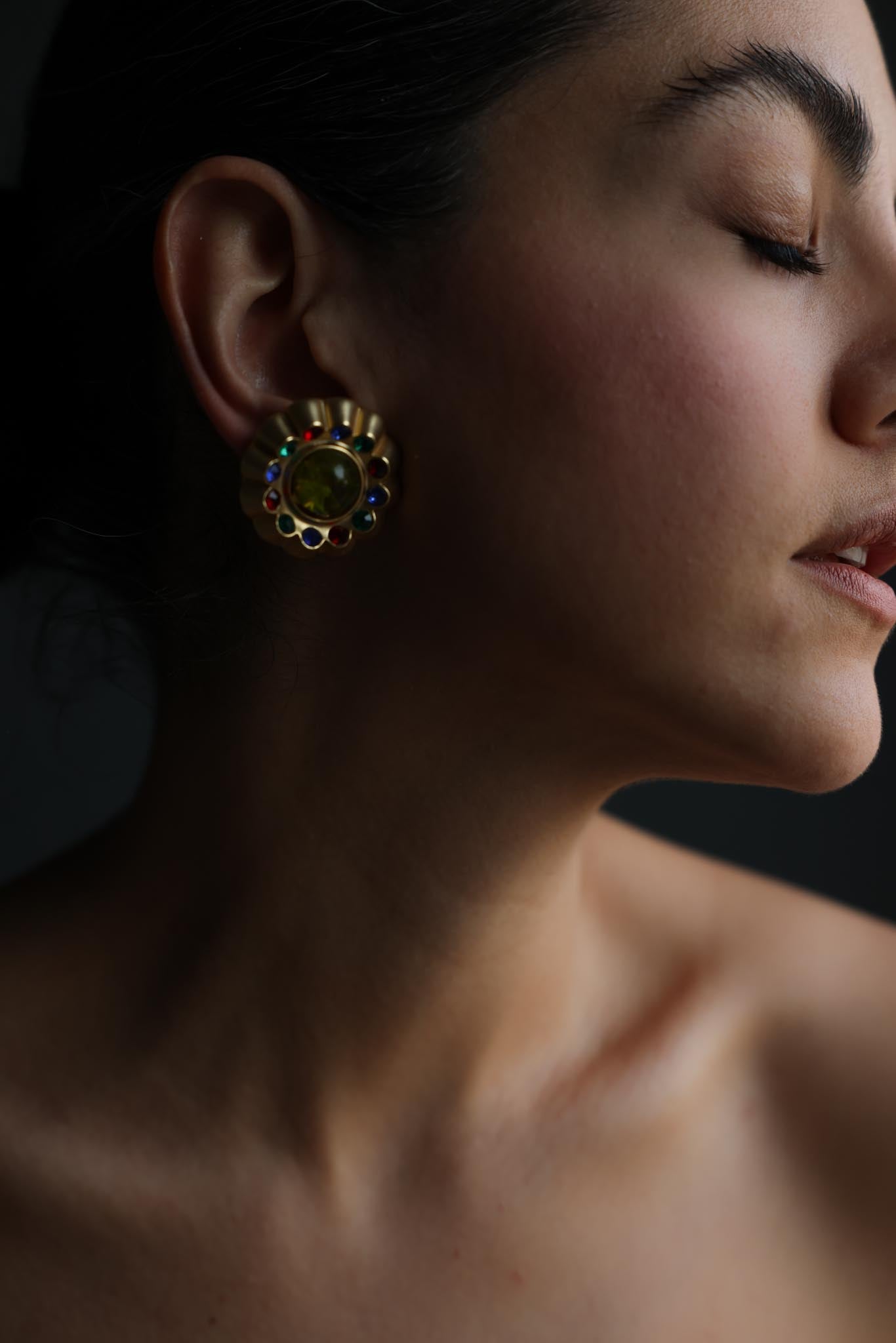 Matte Gold Multicolor Rhinestone Floral Clip-On Earrings