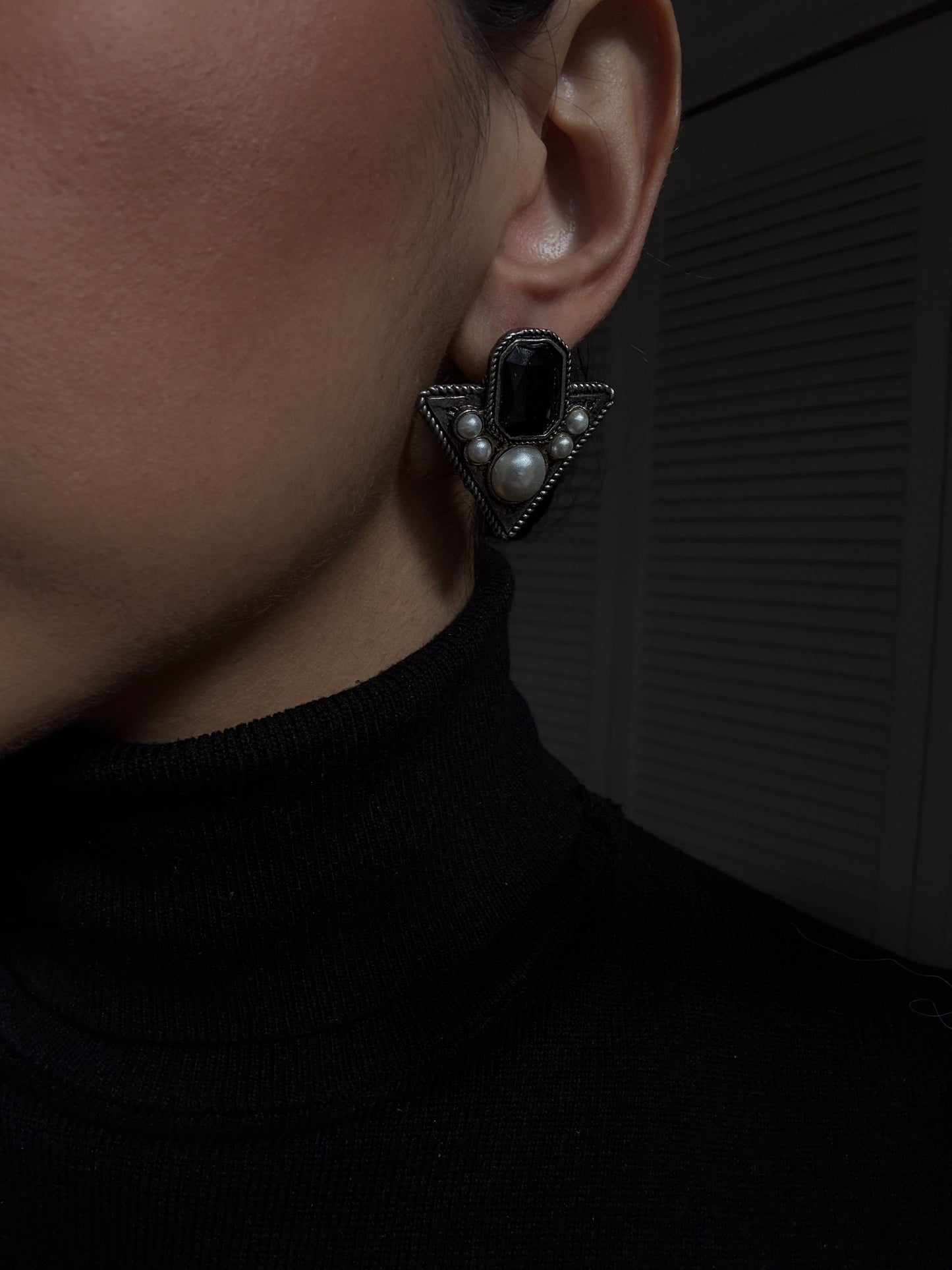 Silver-Tone Black accent and Faux Pearl Triangle Earrings|Vintage Baazaar 