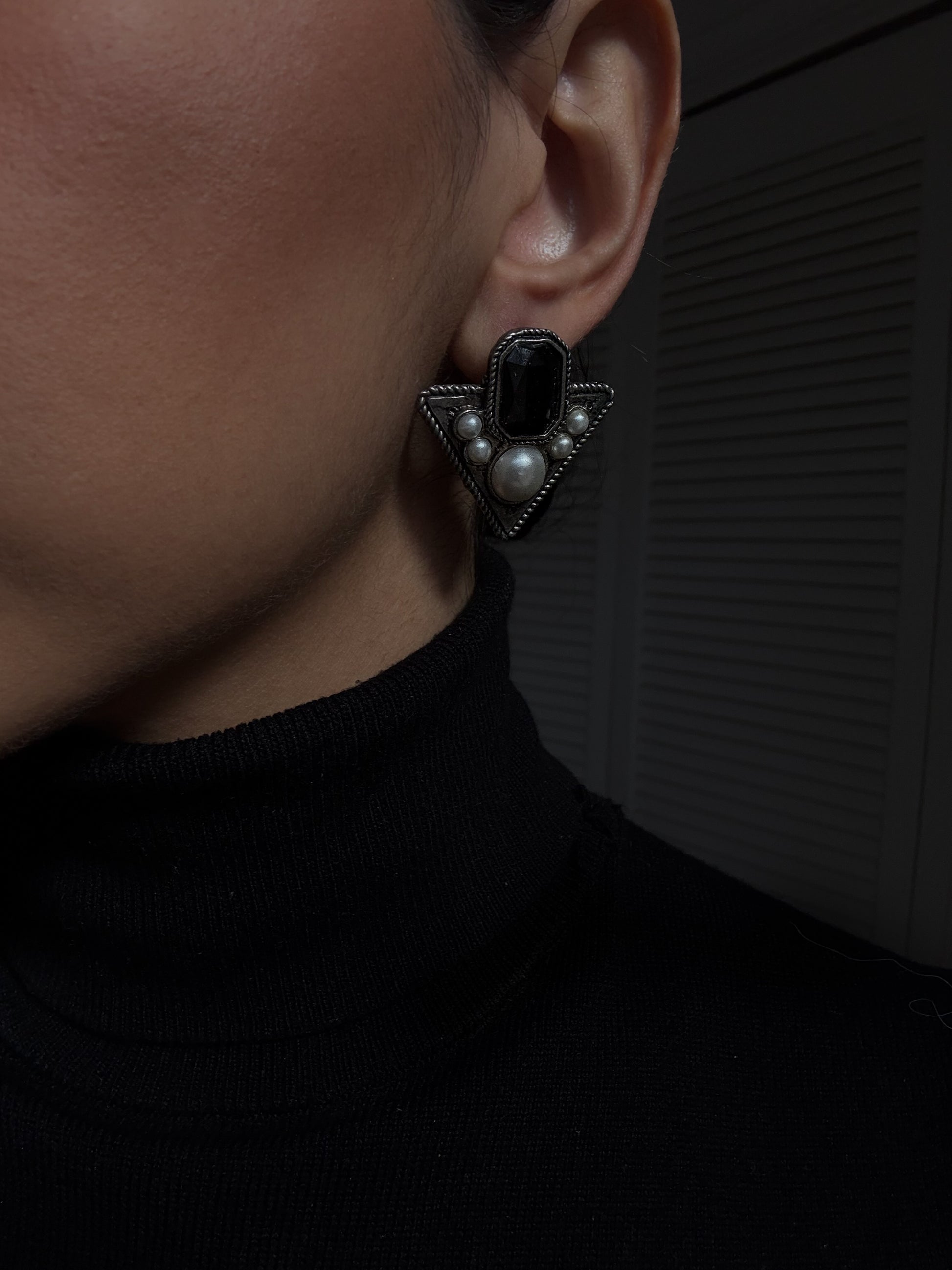 Silver-Tone Black accent and Faux Pearl Triangle Earrings|Vintage Baazaar 