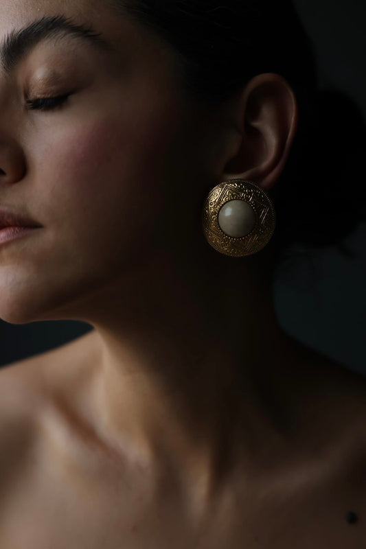 Round Gold plated  Cream Glass Center Clip-On Earrings