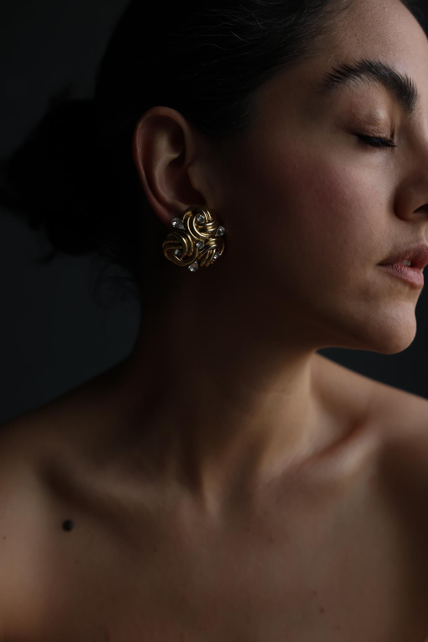 Oversized Knot Gold-Tone Clip-On Earrings with Clear Rhinestones
