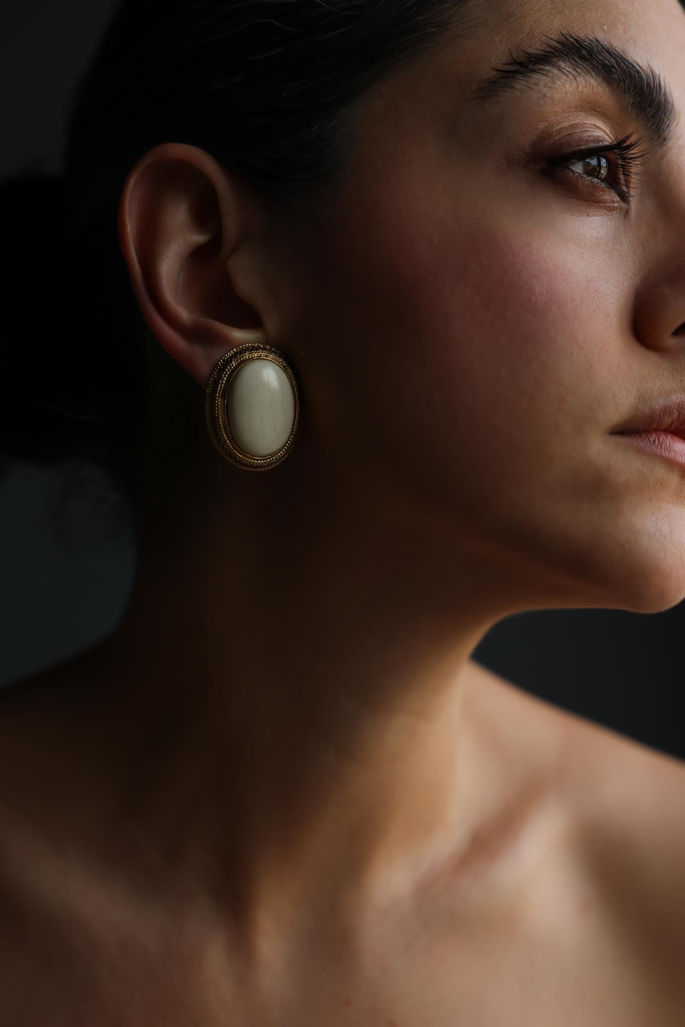 Oval Gold-Plated Clip-On Earrings with Off-White Center