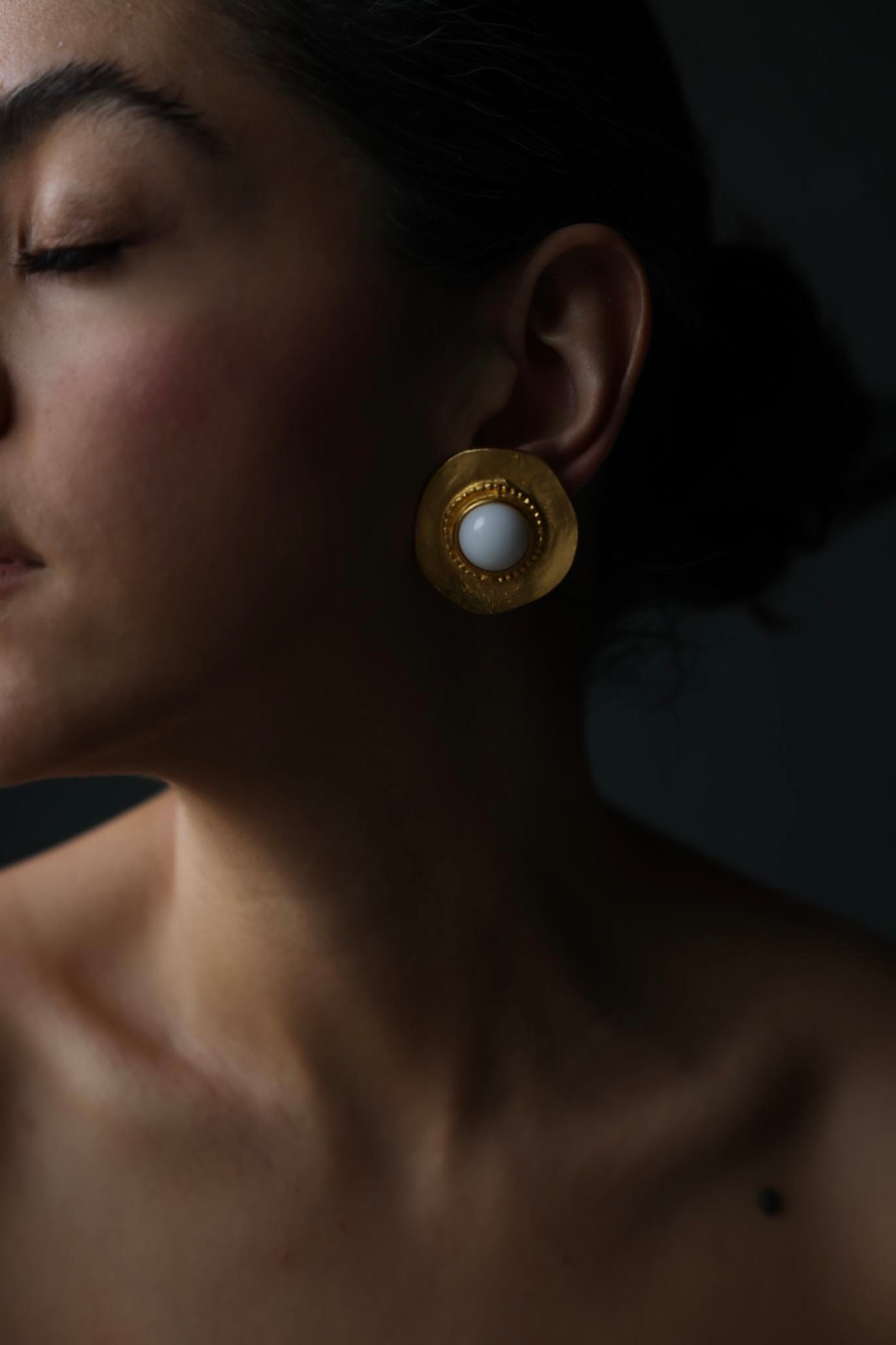 Oversized Round Gold-Tone Clip-On Earrings with White Cabochon Center