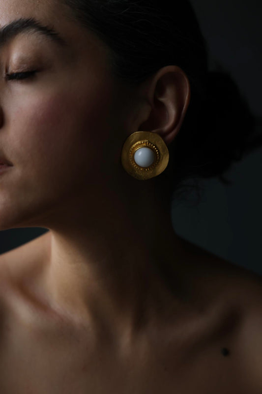 Oversized Round Gold-Tone Clip-On Earrings with White Cabochon Center