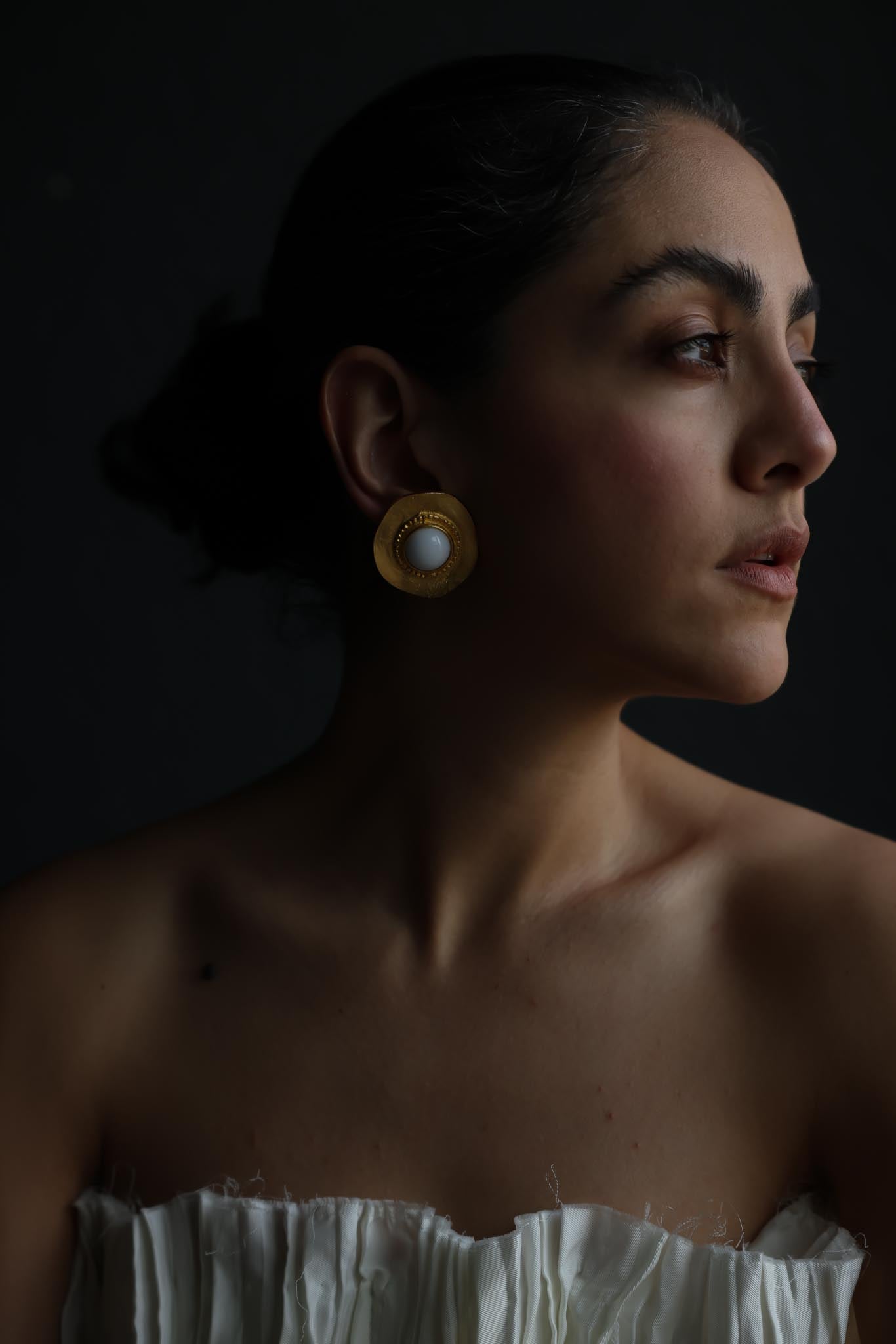 Oversized Round Gold-Tone Clip-On Earrings with White Cabochon Center