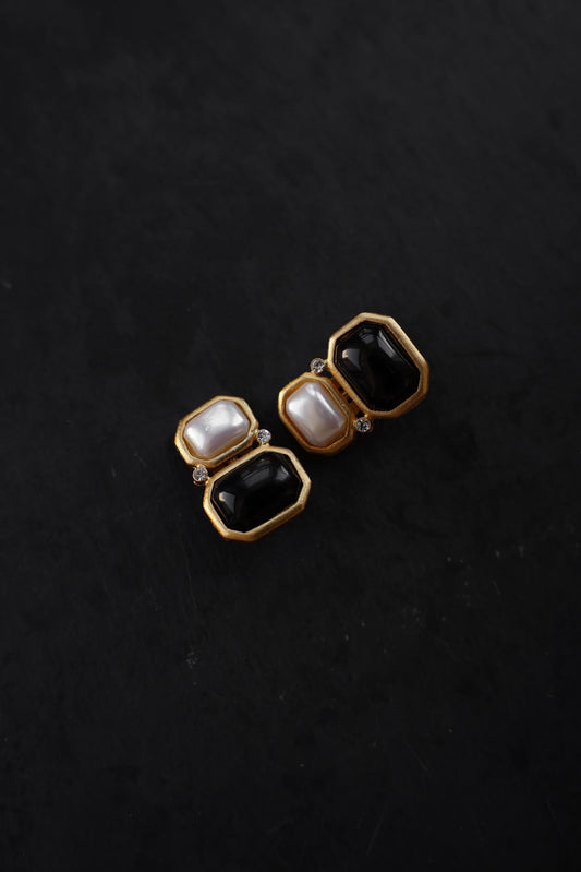 Black and Pearl Octagon Clip-On Earrings|Vintage Baazaar 