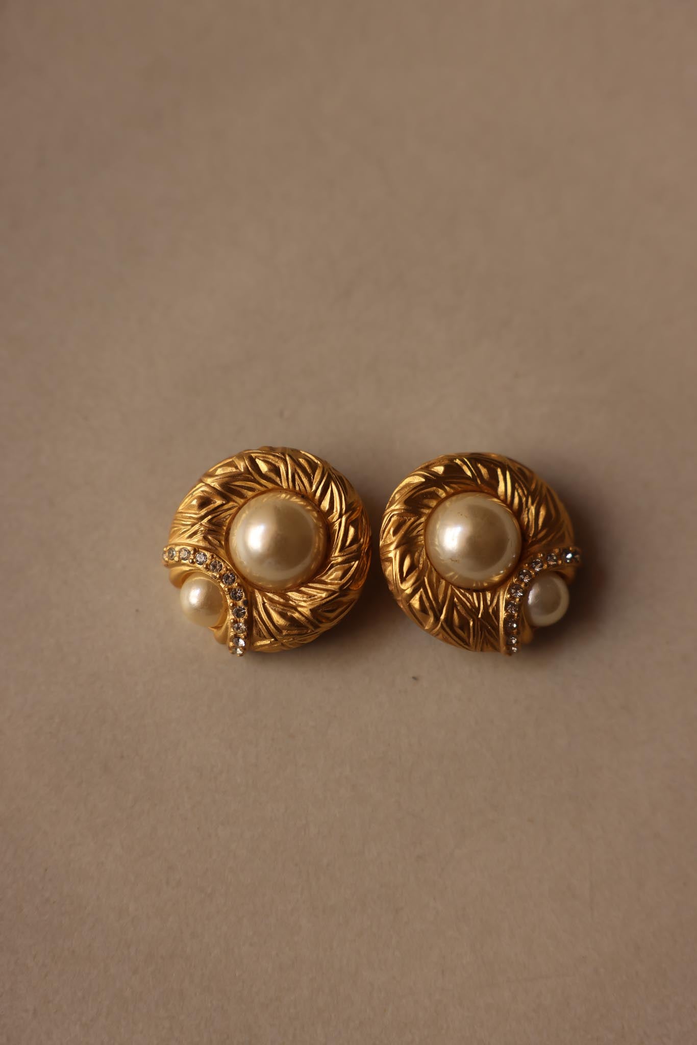 Golden Crest Clip-On Earrings with Faux Pearls and Rhinestones|Vintage Baazaar 