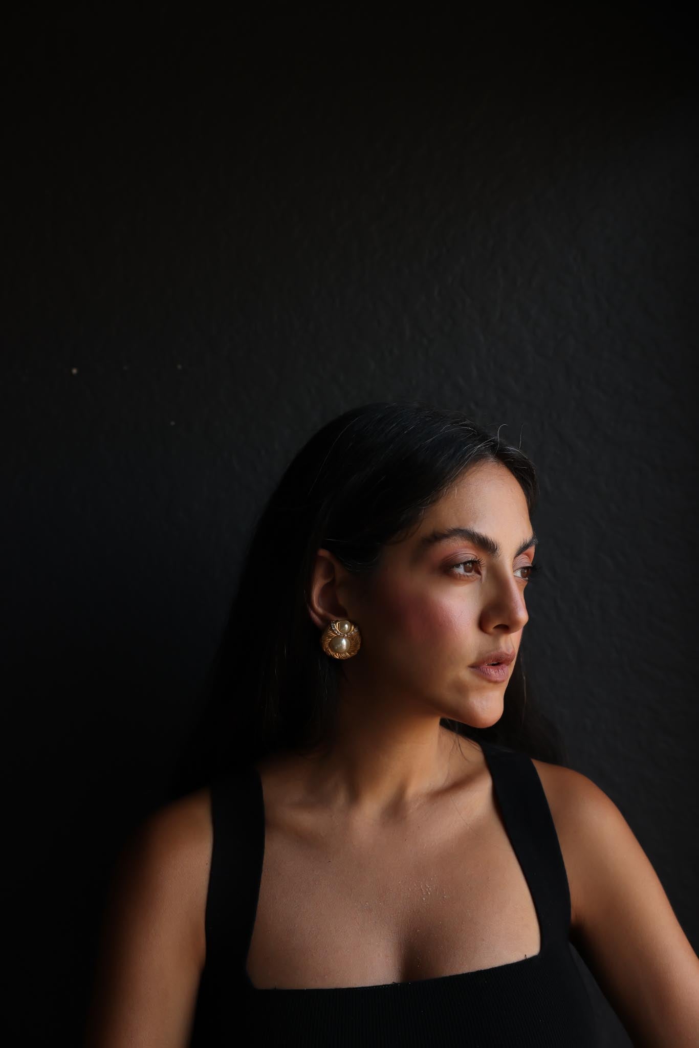 Golden Crest Clip-On Earrings with Faux Pearls and Rhinestones|Vintage Baazaar 