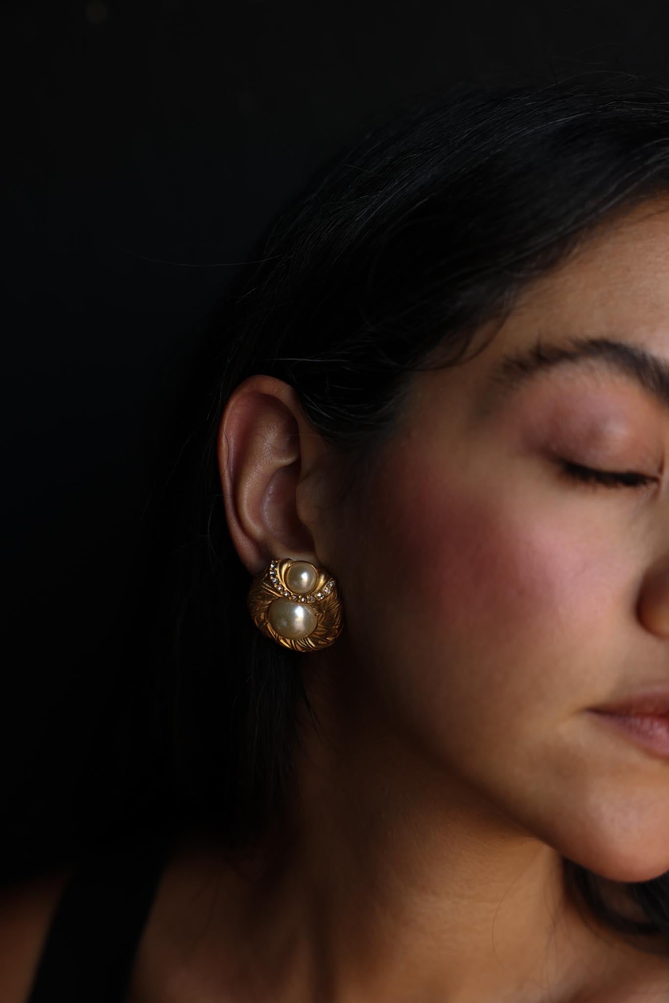 Golden Crest Clip-On Earrings with Faux Pearls and Rhinestones|Vintage Baazaar 