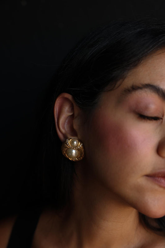 Golden Crest Clip-On Earrings with Faux Pearls and Rhinestones|Vintage Baazaar 