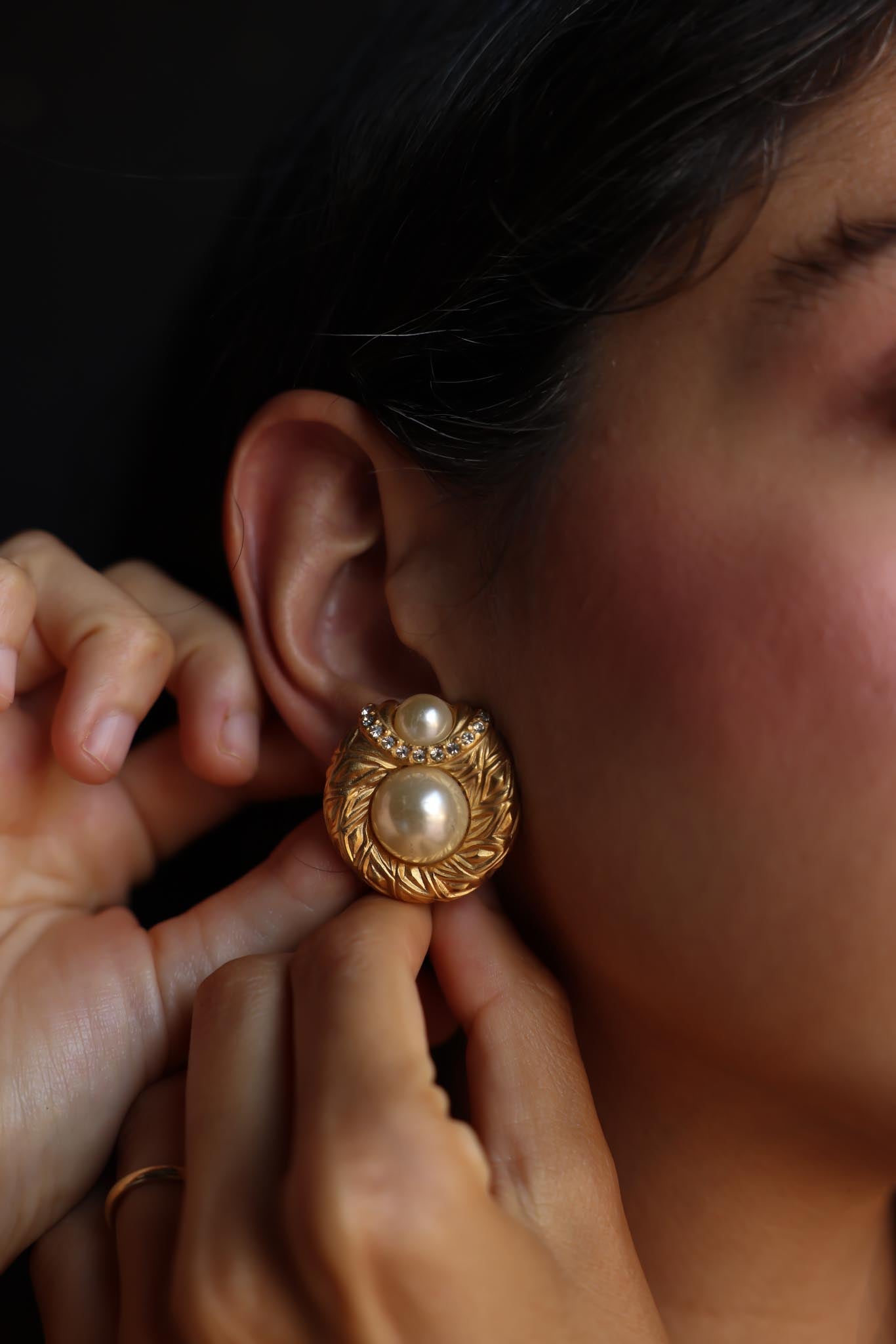 Golden Crest Clip-On Earrings with Faux Pearls and Rhinestones|Vintage Baazaar 