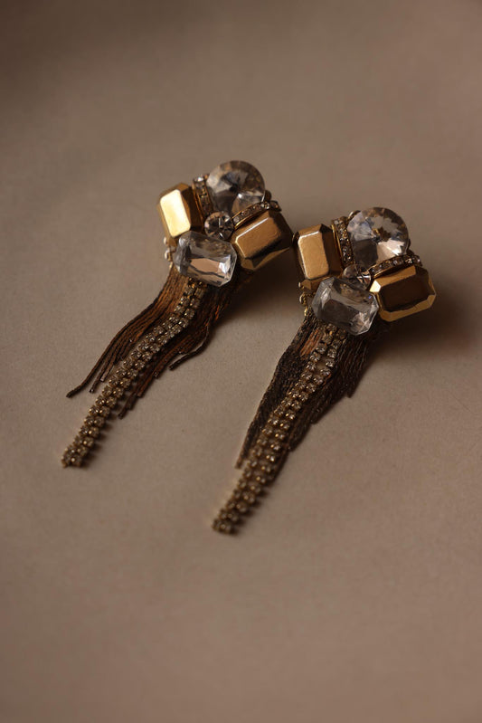 Crystal Cascade Clip-On Earrings with Rhinestone Fringe|Vintage Baazaar 