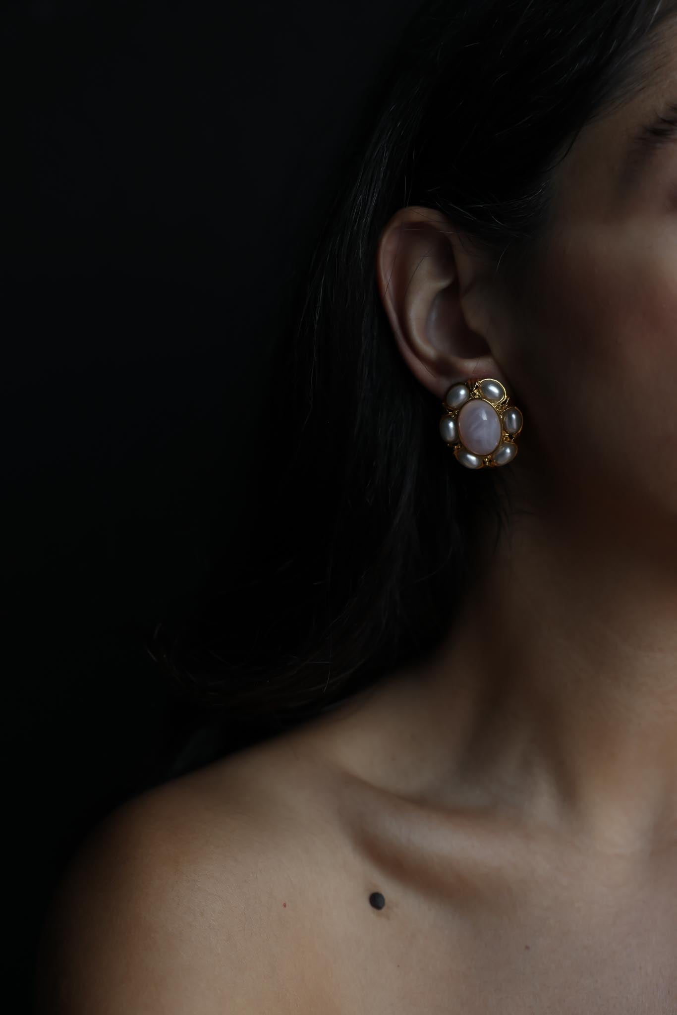 Gold-Tone Pink and Pearl Cluster Earrings