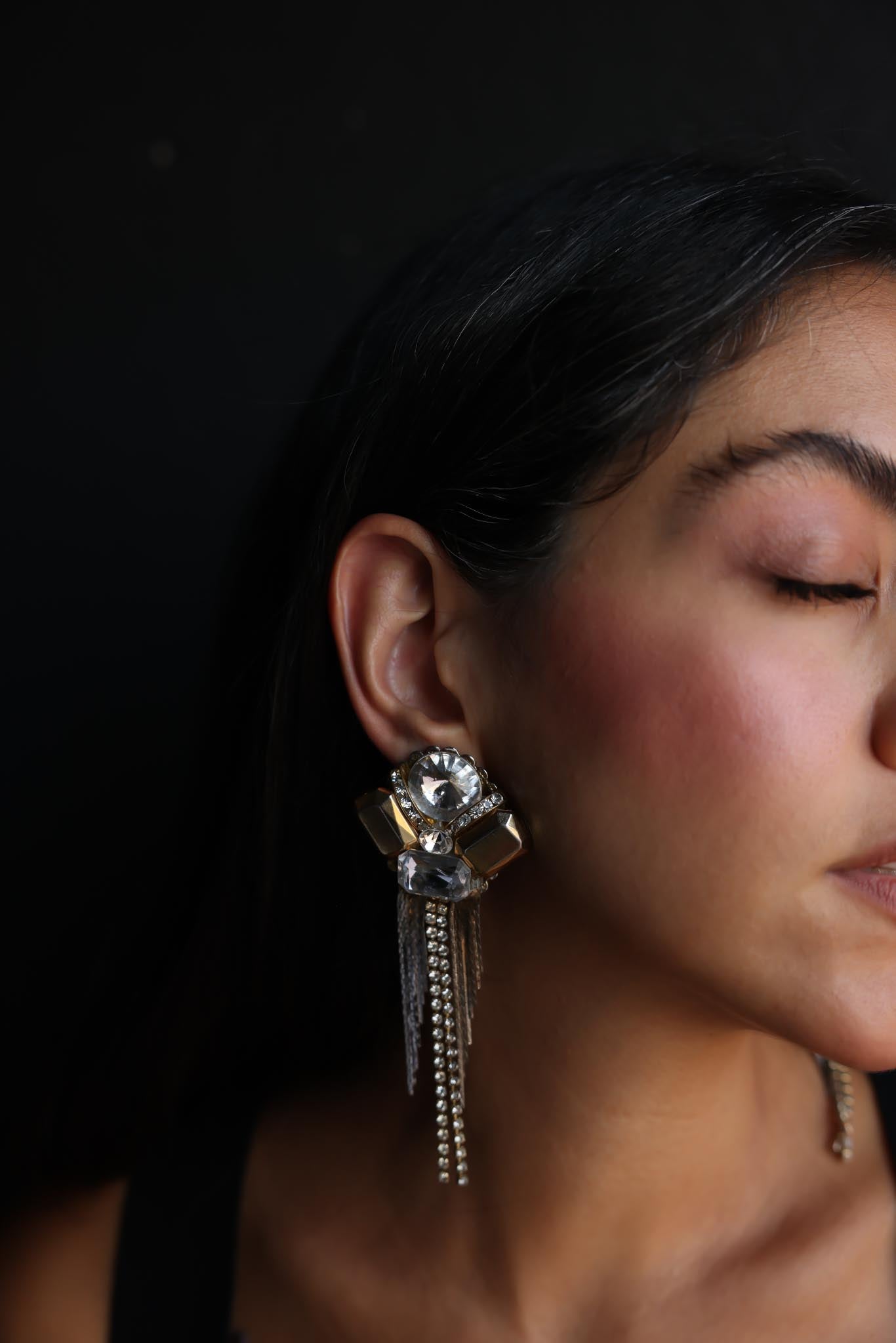 Crystal Cascade Clip-On Earrings with Rhinestone Fringe|Vintage Baazaar 