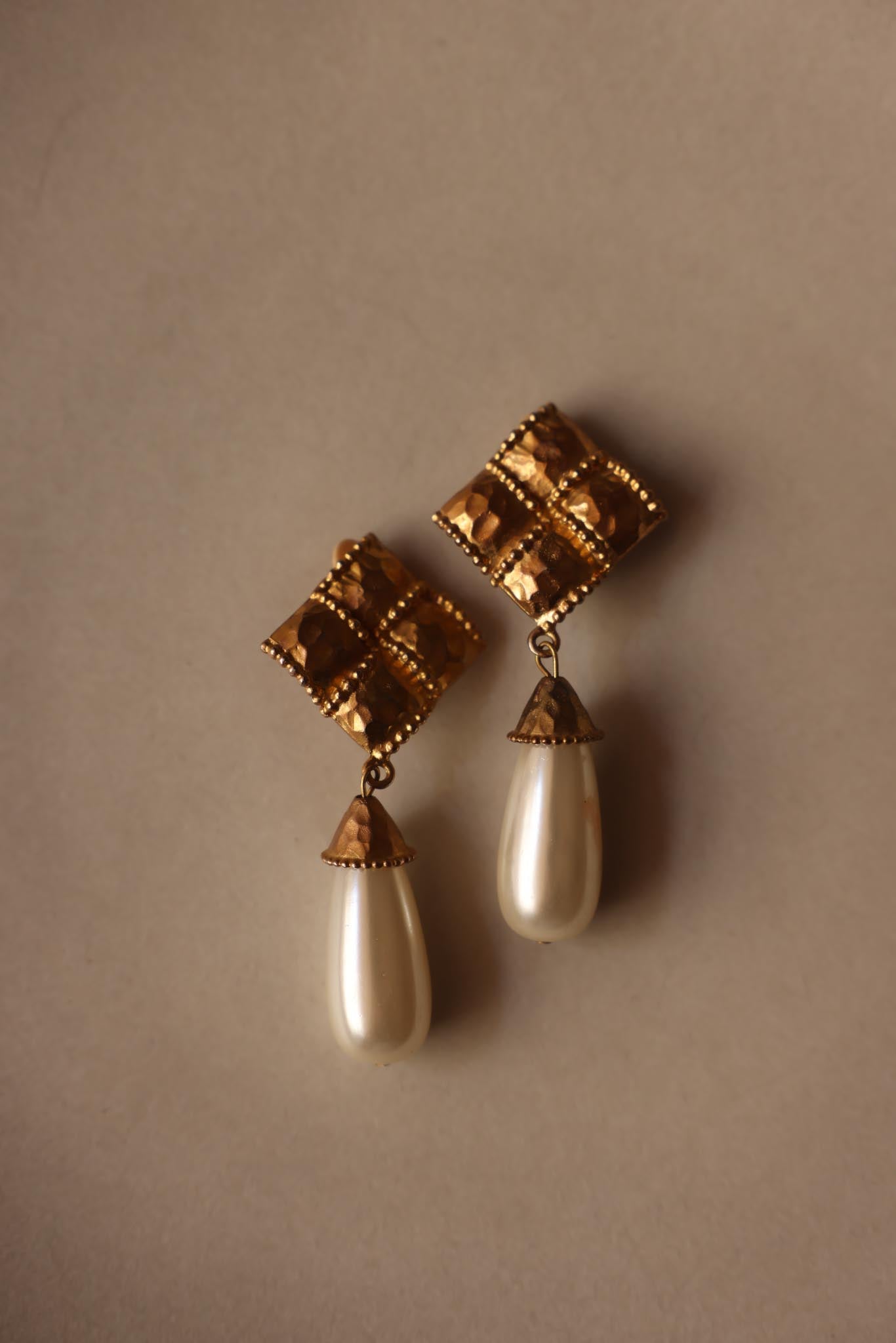 Brushed Gold Clip-On Earrings with Teardrop Faux Pearls|Vintage Baazaar 