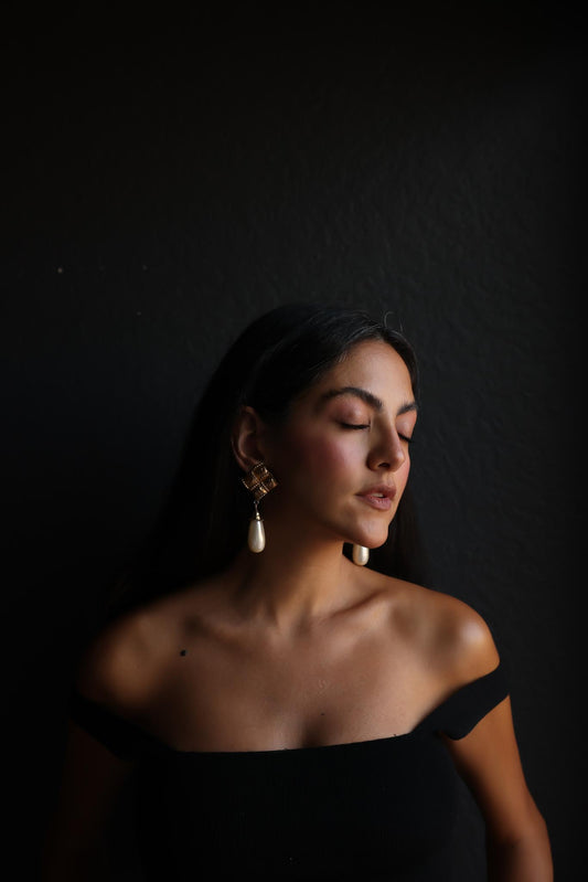 Brushed Gold Clip-On Earrings with Teardrop Faux Pearls|Vintage Baazaar 