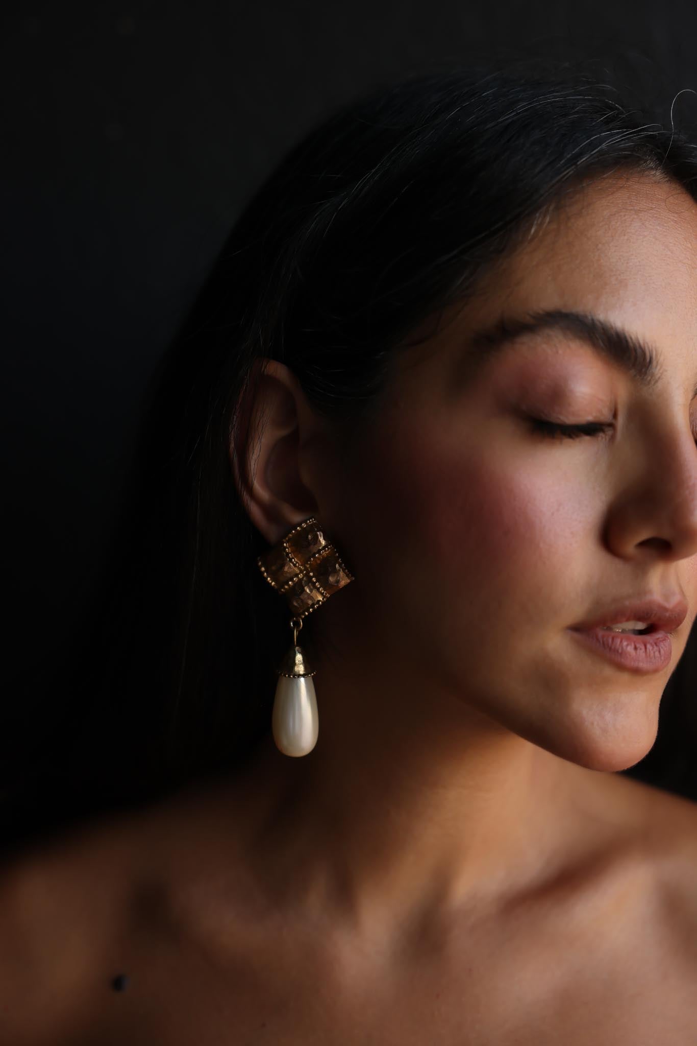 Brushed Gold Clip-On Earrings with Teardrop Faux Pearls|Vintage Baazaar 