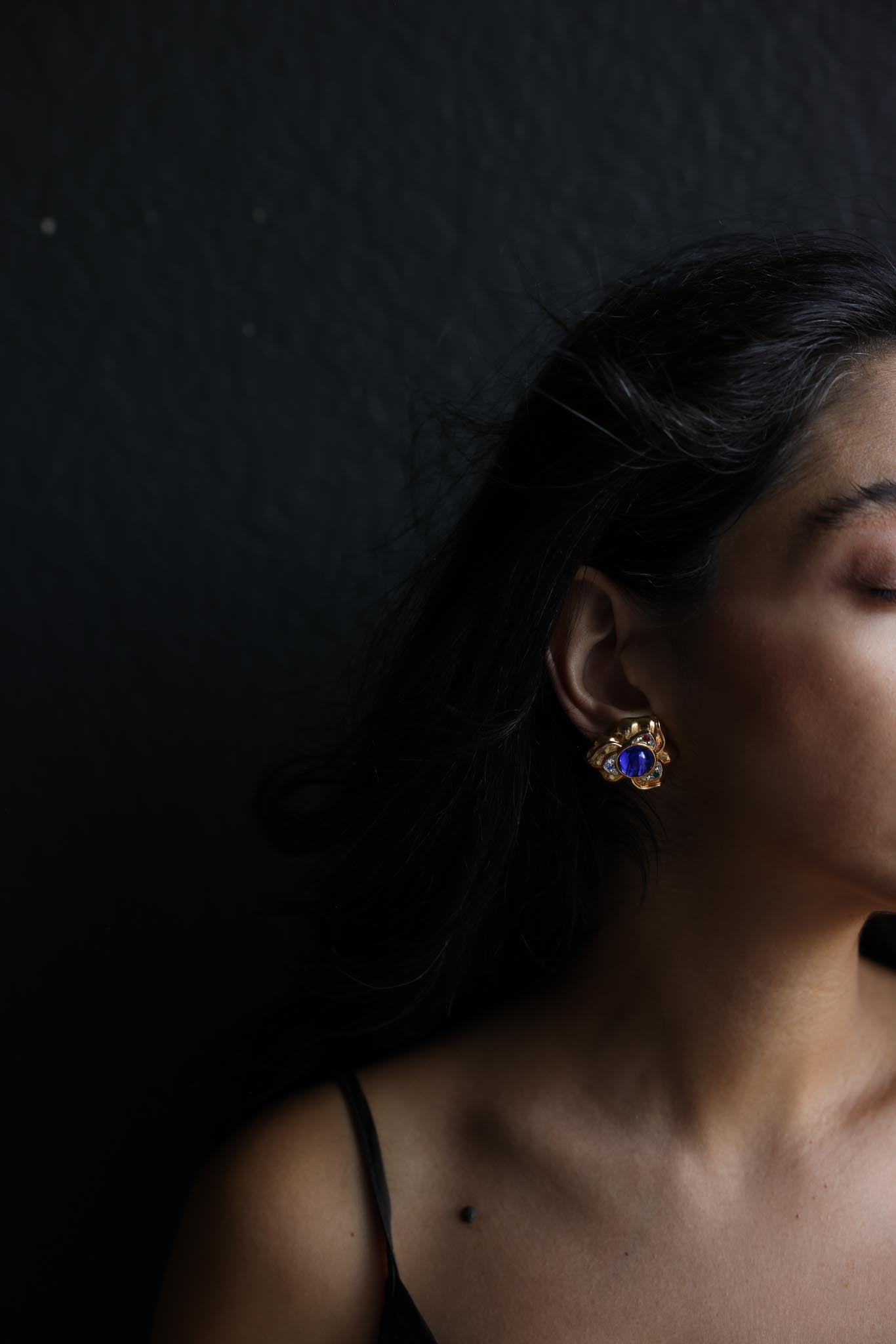 Gold-Tone Blue Cabochon Clip-On Earrings