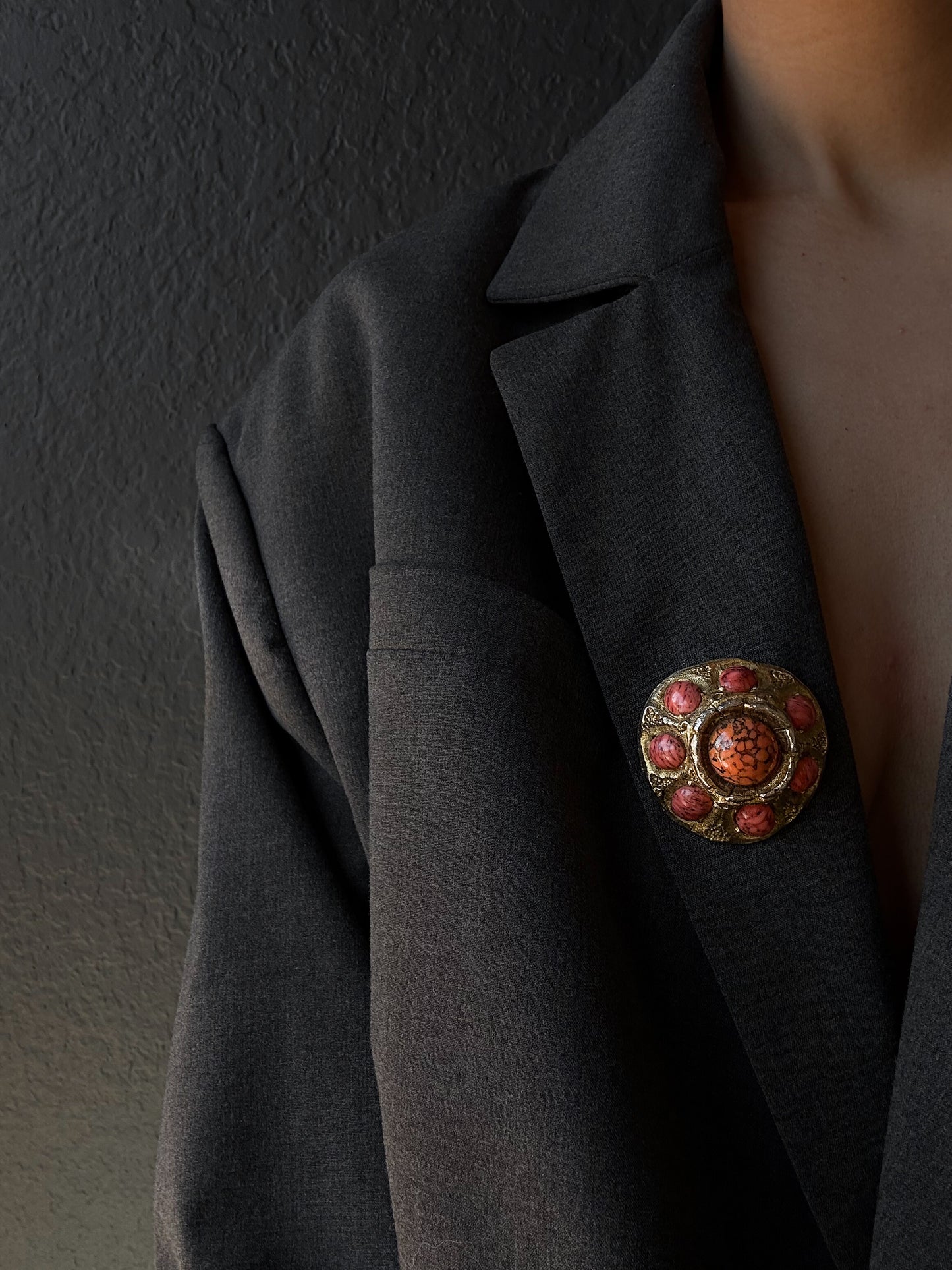 Gold-Toned Brooch with Coral Accents|Vintage Baazaar 
