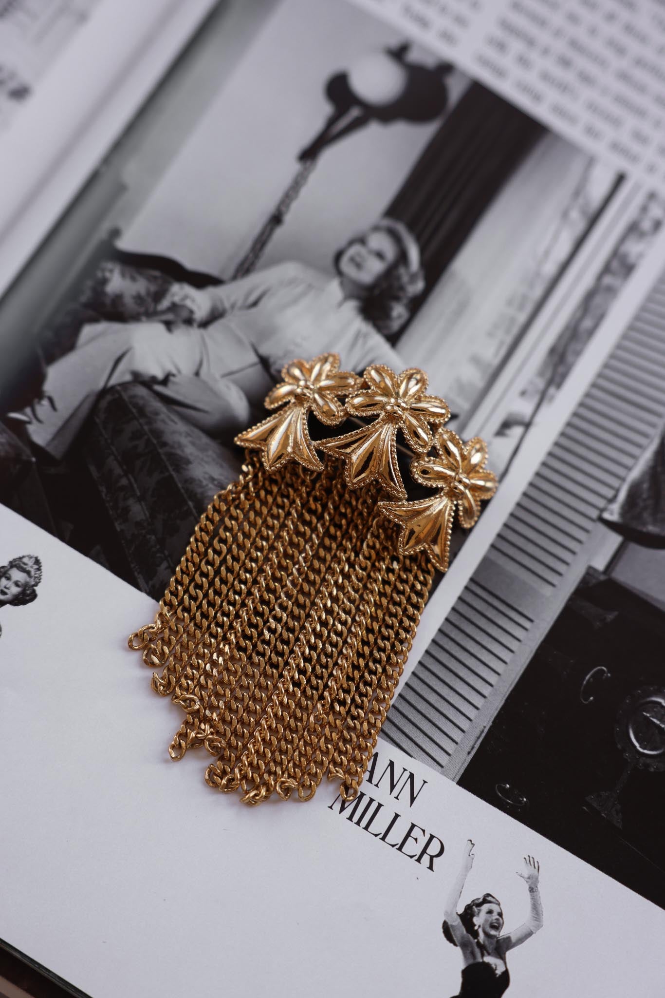 MONET Gold-Tone Brooch with Chain Tassels|Vintage Baazaar 