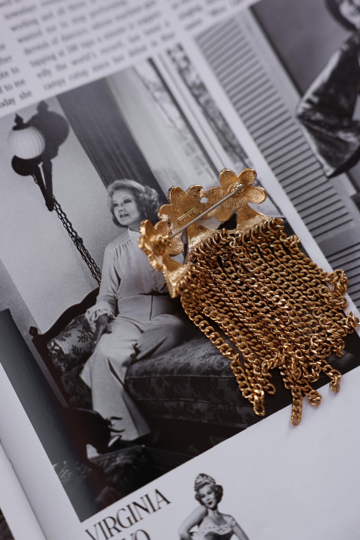 MONET Gold-Tone Brooch with Chain Tassels|Vintage Baazaar 