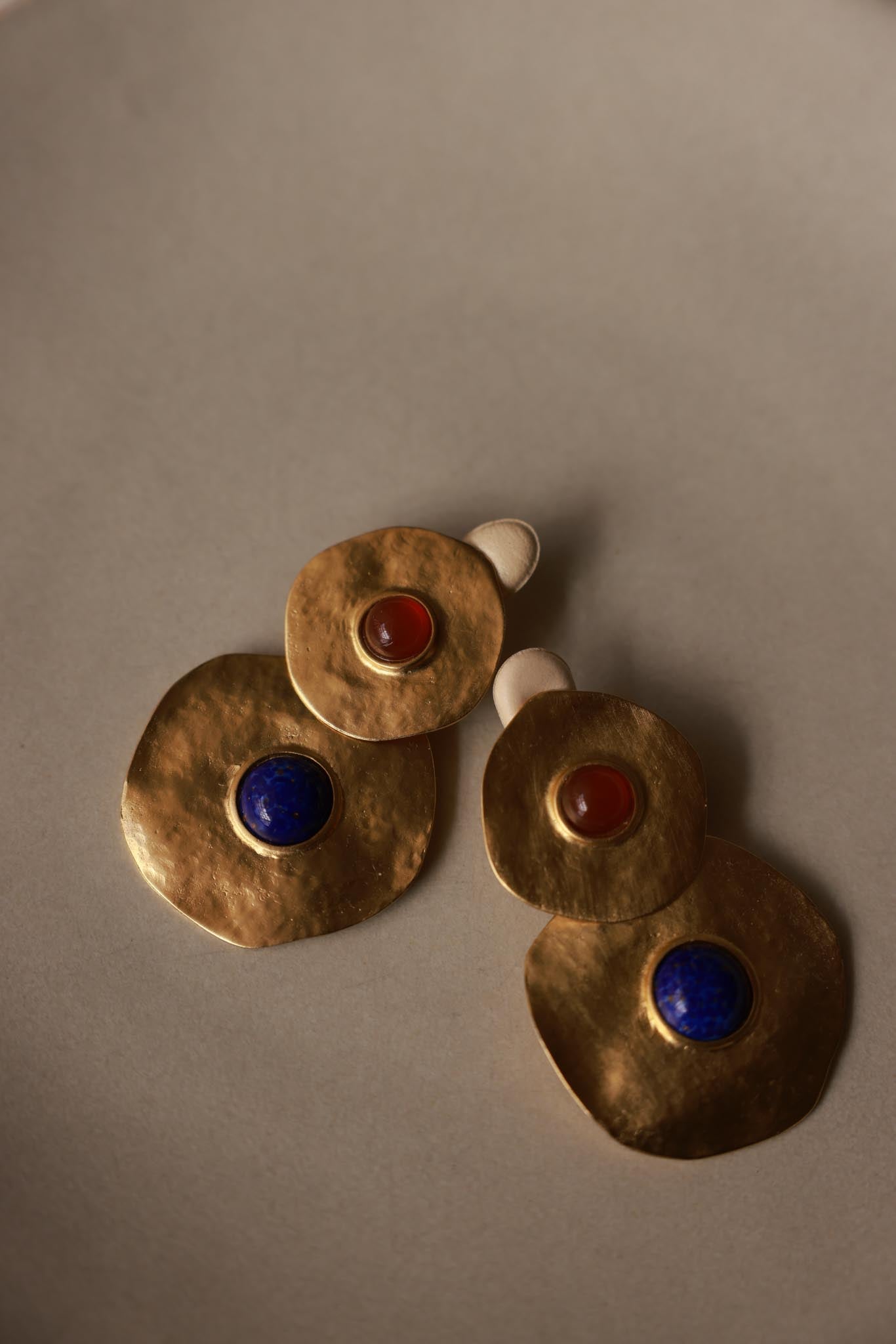 1980s Oversized Round Gold-Tone Clip-On Earrings with Red and Blue Centers