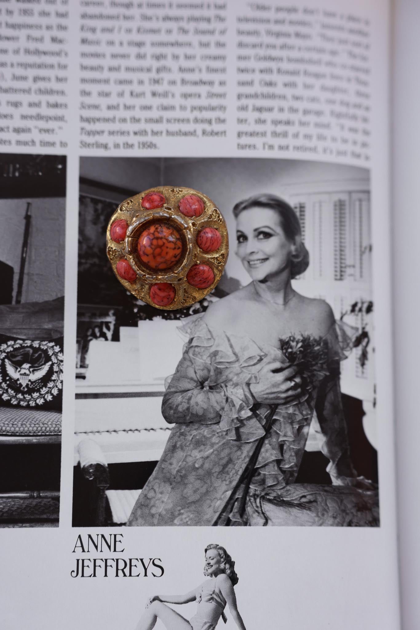 Gold-Toned Brooch with Coral Accents|Vintage Baazaar 