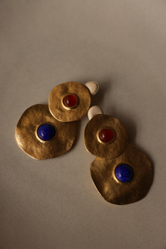 1980s Oversized Round Gold-Tone Clip-On Earrings with Red and Blue Centers