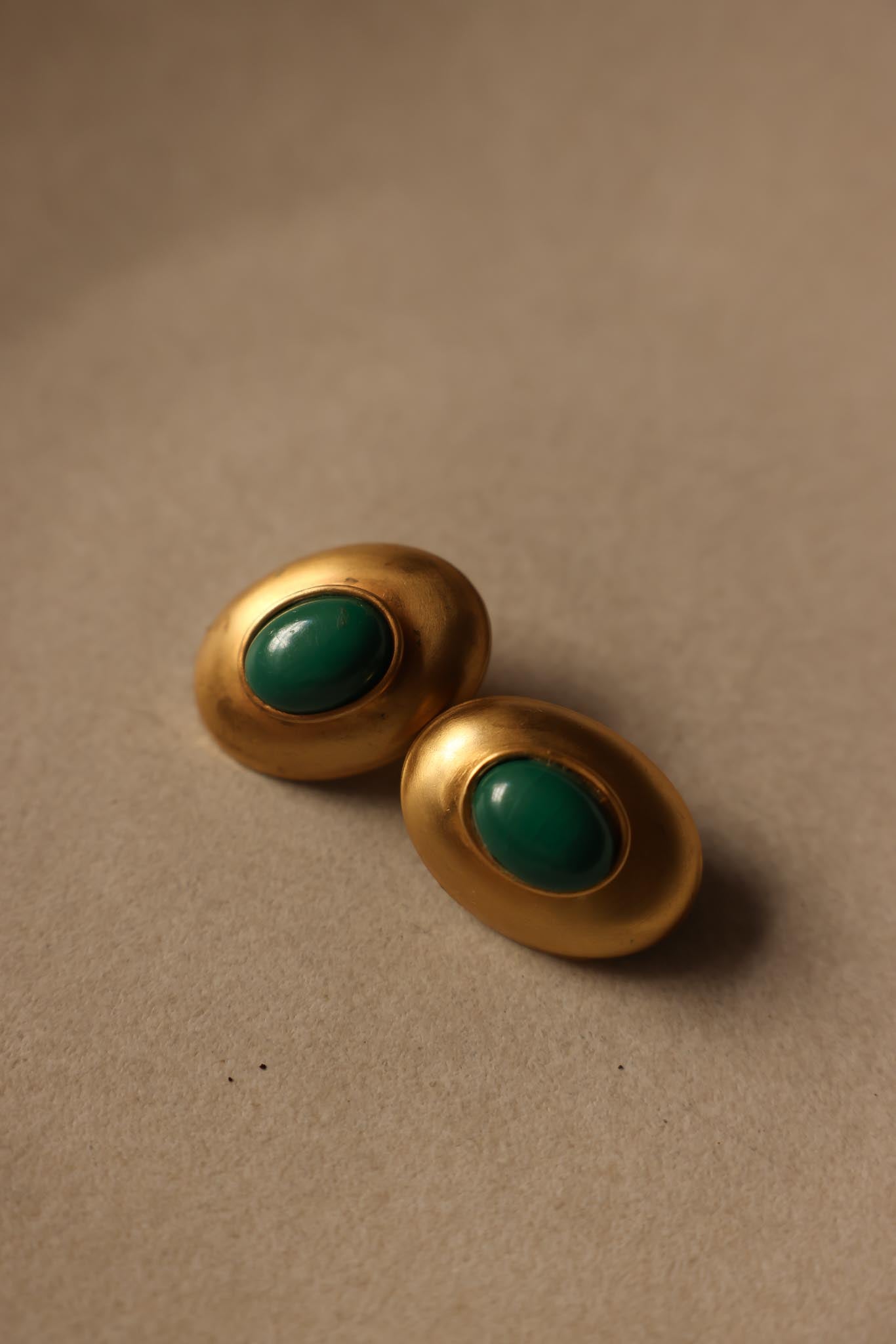 Matte Gold Oval Earrings with Green Cabochon Centers