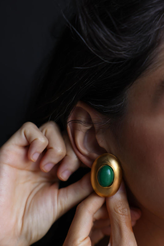 Matte Gold Oval Earrings with Green Cabochon Centers