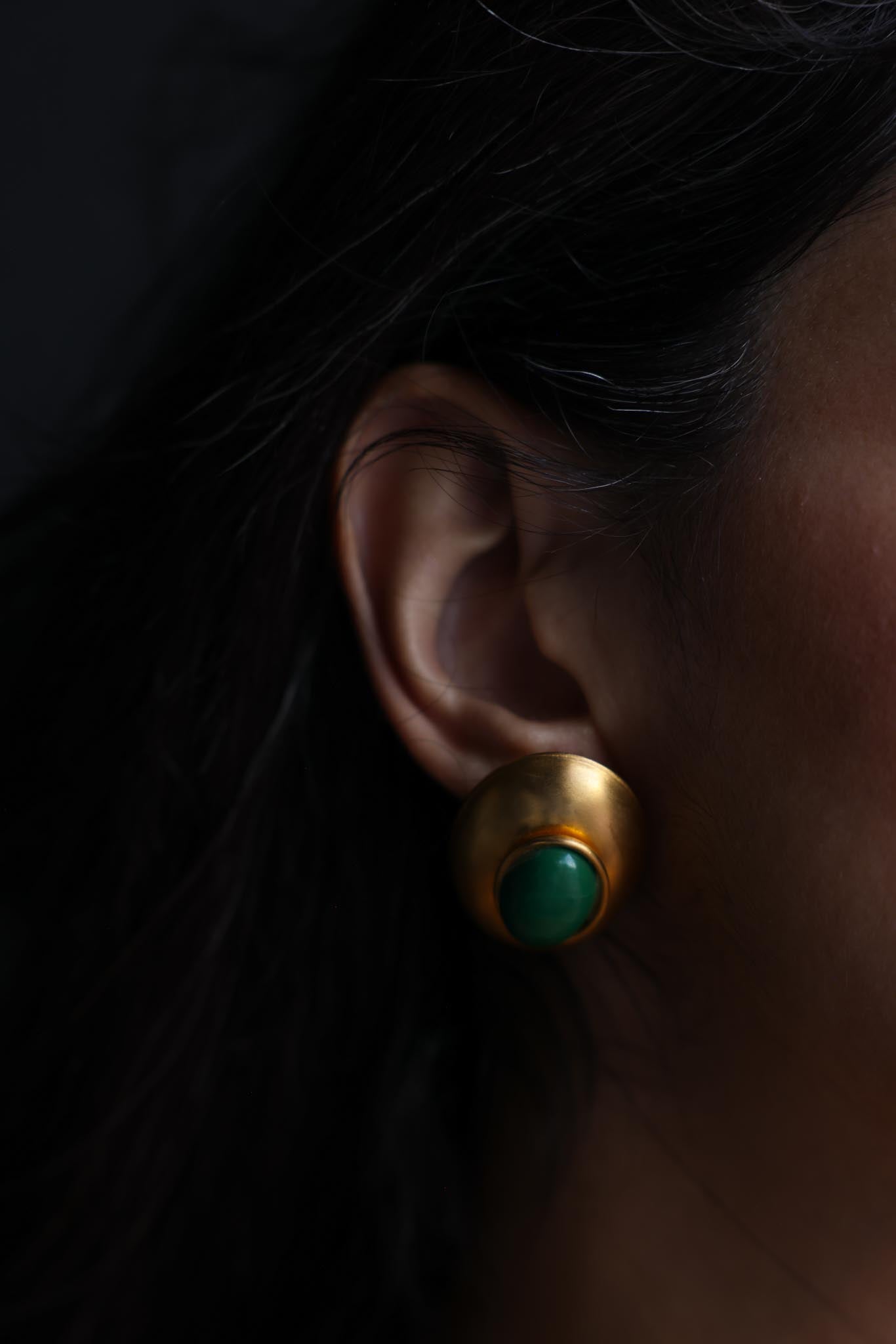 Matte Gold Oval Earrings with Green Cabochon Centers